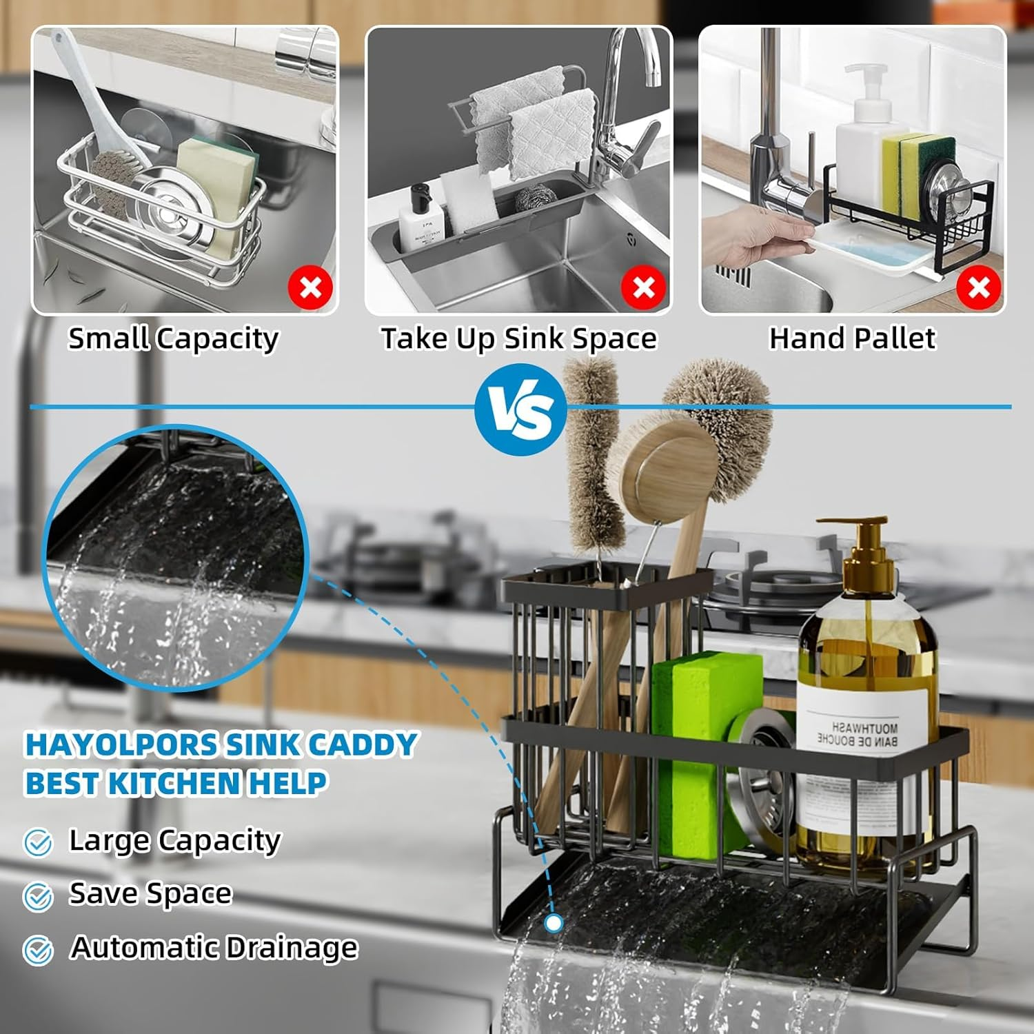 Sponge Holder for Kitchen Sink Caddy Organizer, Soap Sponge Caddy with Brush Holder, Rustproof Sink Accessory with Dividers for Storage Kitchen Gadgets image number 2