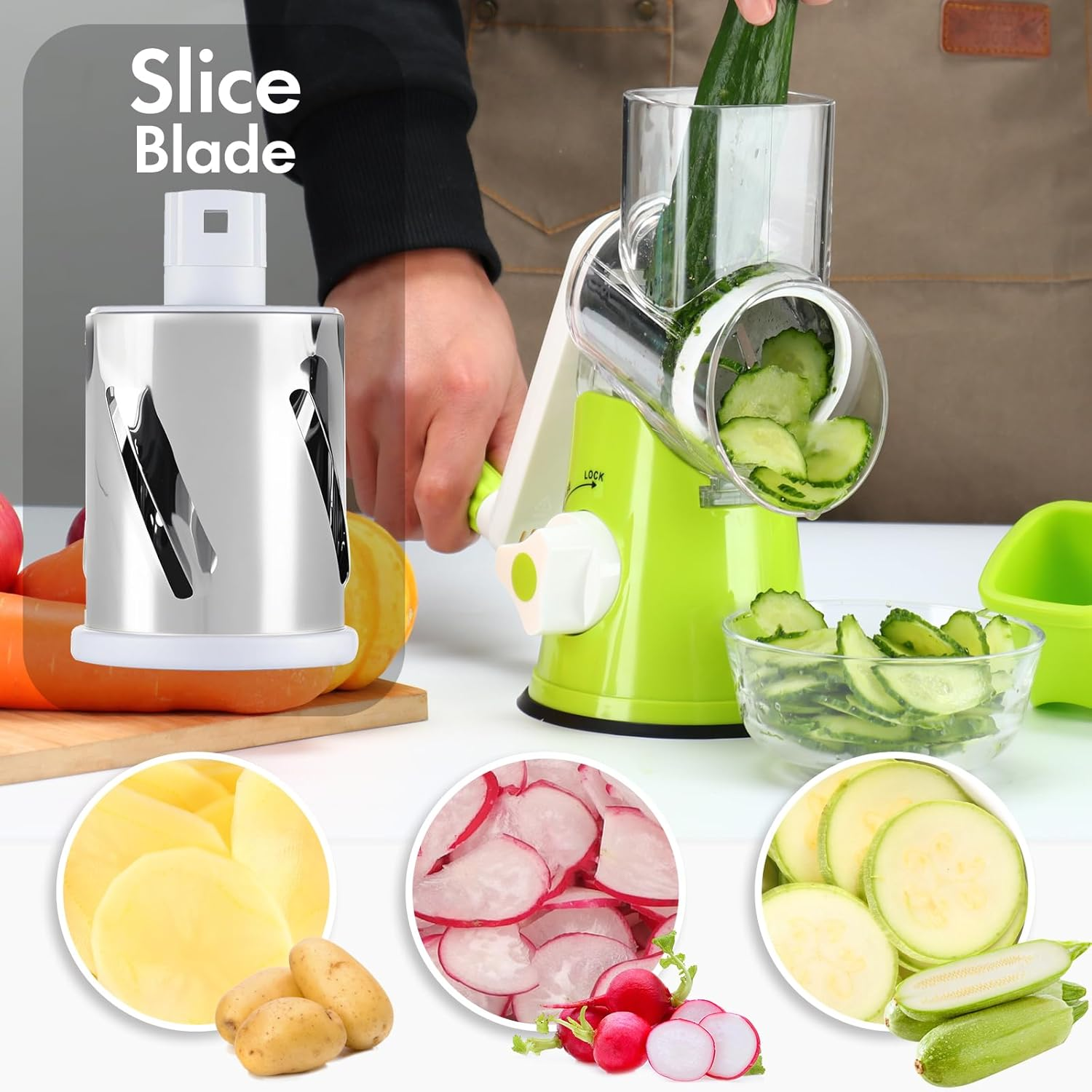 Rotary Cheese Grater Shredder, Speed Kitchen Manual round Mandolin Slicer Safe Grinder with 3 Interchangeable Blades for Nuts, Carrot, Hashbrown, Garlic, Walnut, Potato, Chocolate (Green) - Green image number 2
