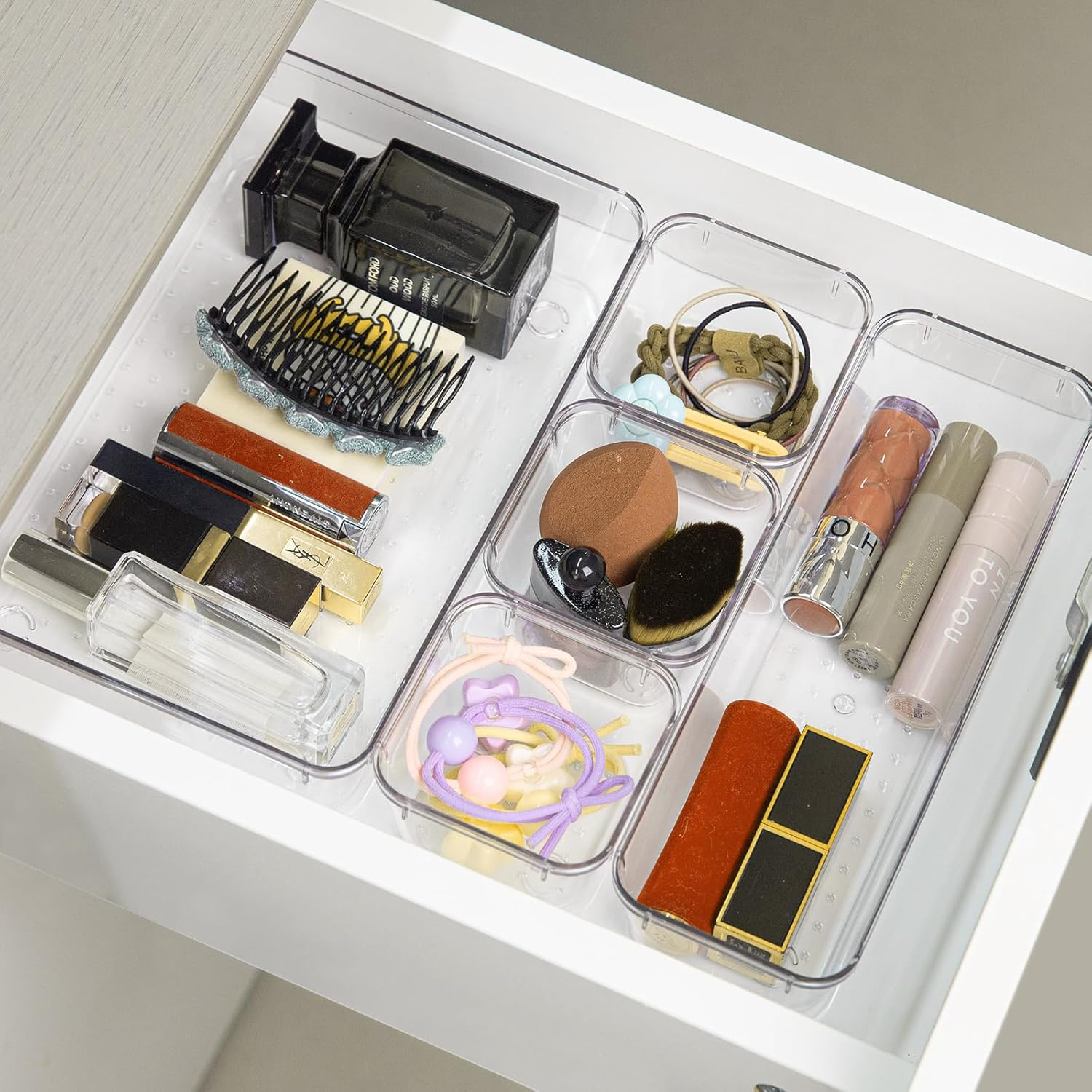 Aubeco 37 Pcs Clear Plastic Drawer Organisers, 4 Sizes Acrylic Storage Box, Non-Slip Desk Container for Makeup, Bathroom, Office, Kitchen, Bedroom, Jewelry image number 2