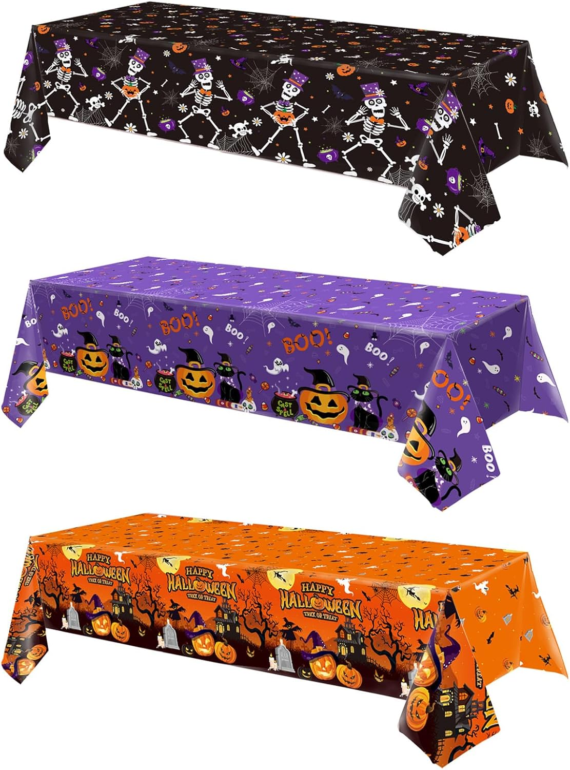 OQOQ Halloween Tablecloth (3, Black Orange Purple), 108X54 Inches Halloween Plastic Table Cloth Disposable Party Favors Pumpkin Boo for Outdoor Indoor Table Decor Backdrop Banner Party Supplies image number 4
