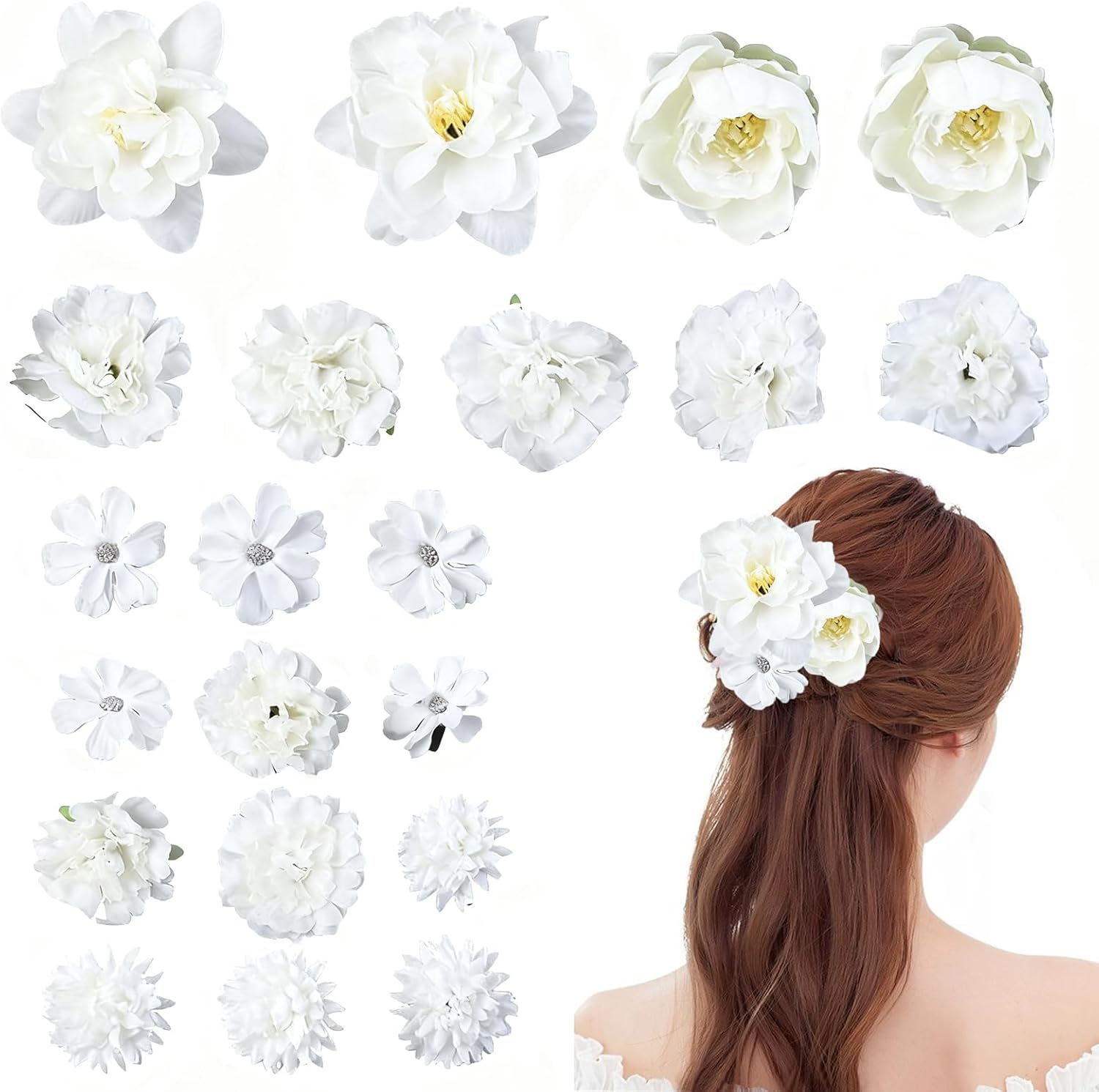 Flower Hair Clip, Pack of 21 White Flower Hair Clips, Artificial Flower Hair Clips, Flower Hair Accessories for Party, Beach, Wedding, Event Decoration image number 5