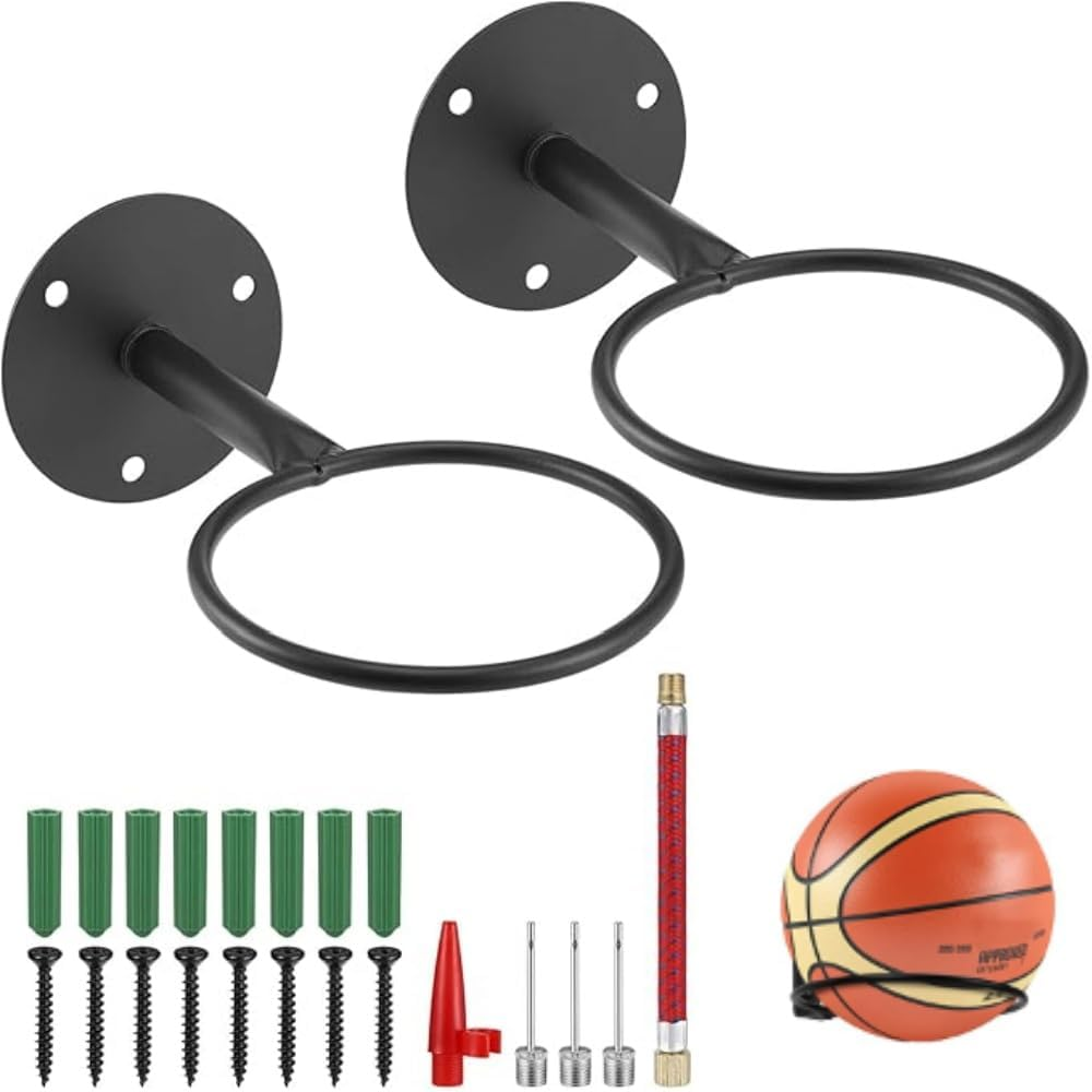 DACUAN 2PCS Basketball Holder Wall Mount - Sports Ball & Football Display Rack with Storage, Perfect Sports Room Decor and Boys Room Accessories for Sport Fans. image number 1