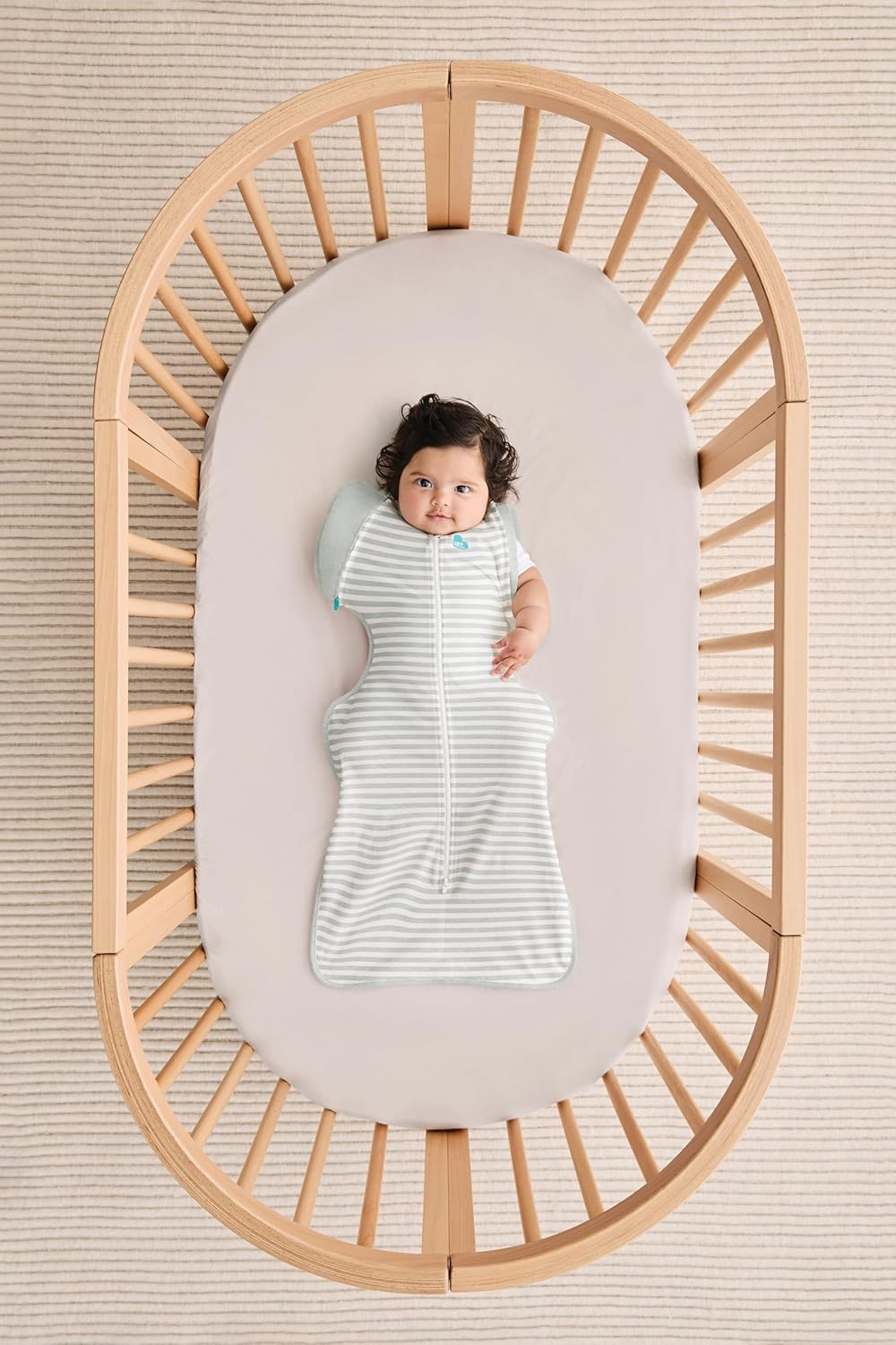 Love to Dream Transition Bag 0.2T Stretch Cotton Medium Large (8.5-11Kg) Stage 2, Soft & Breathable, Lightweight for Comfortable Sleep, Ideal for Newborns, Stripe Print, Olive image number 4