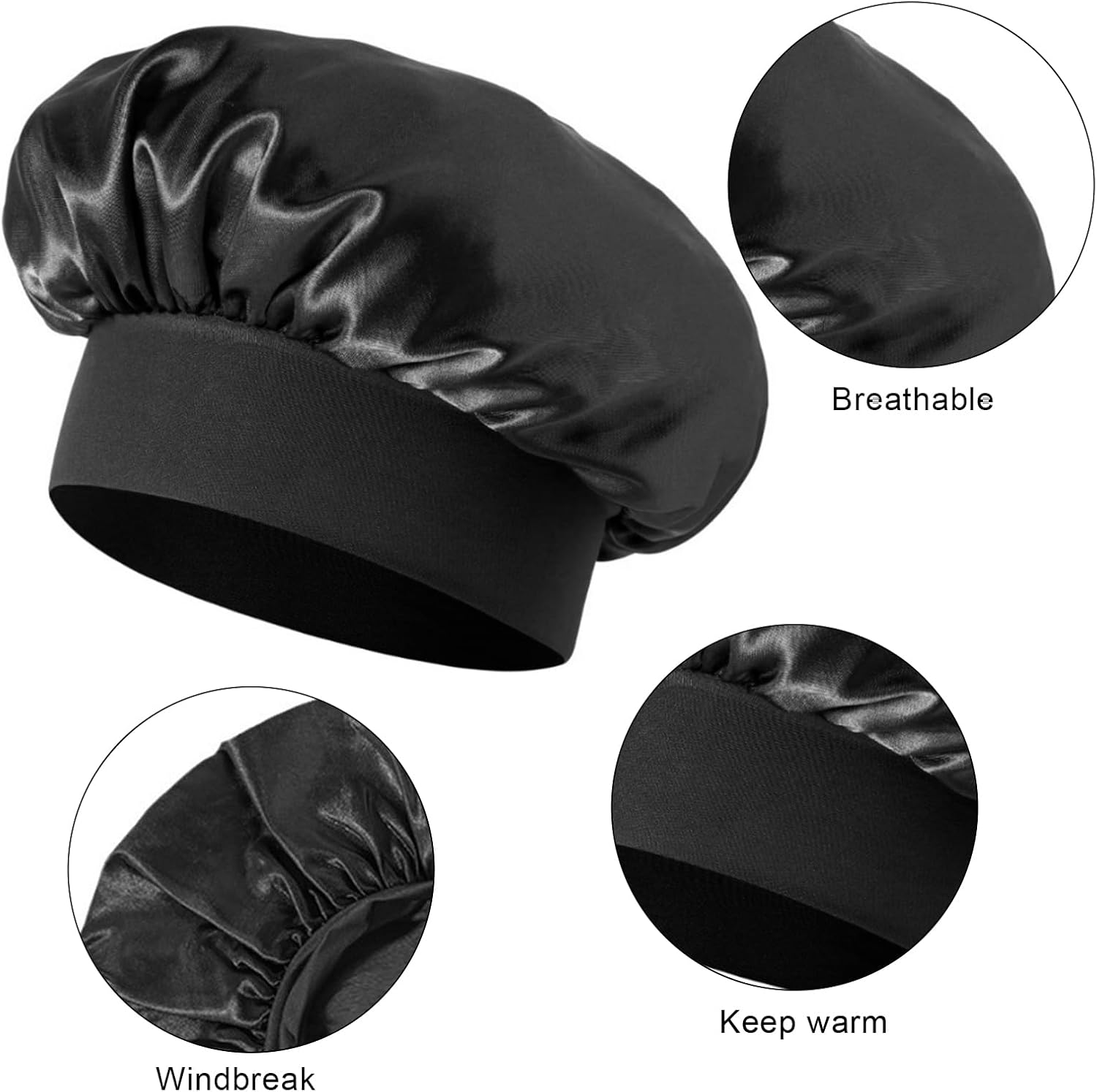 Wesoke 2Pcs Satin Bonnet Silk Bonnets for Sleeping, Women Hair Bonnet for Curly Hair Braids, Large Sleep Cap Reusable Bath Shower Cap for Woman Men (Black) image number 5