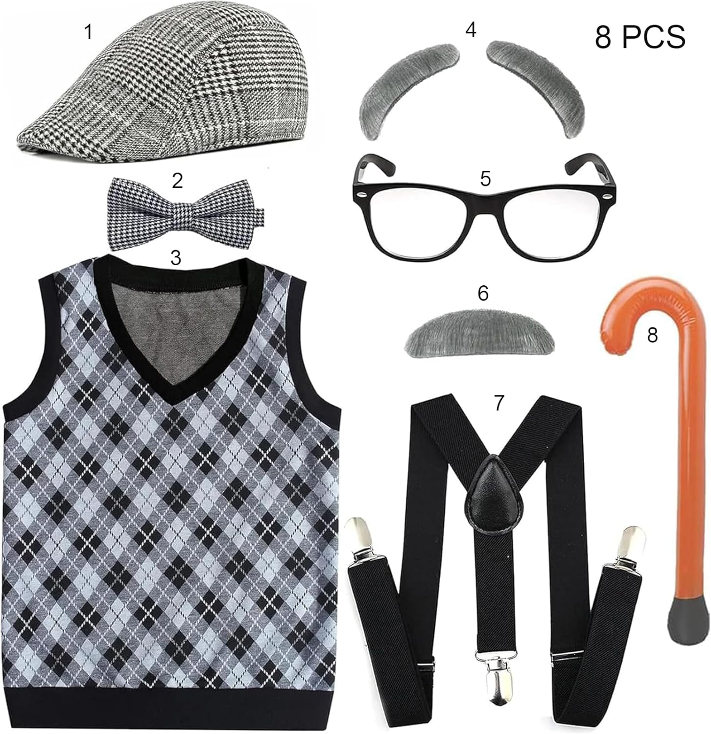 Kids 100 Days School Old Grandpa Man Costumes Set for Kids Teenagers Halloween Cosplay, School Stage Play, Christmas Dress up Outfit Accessories image number 5