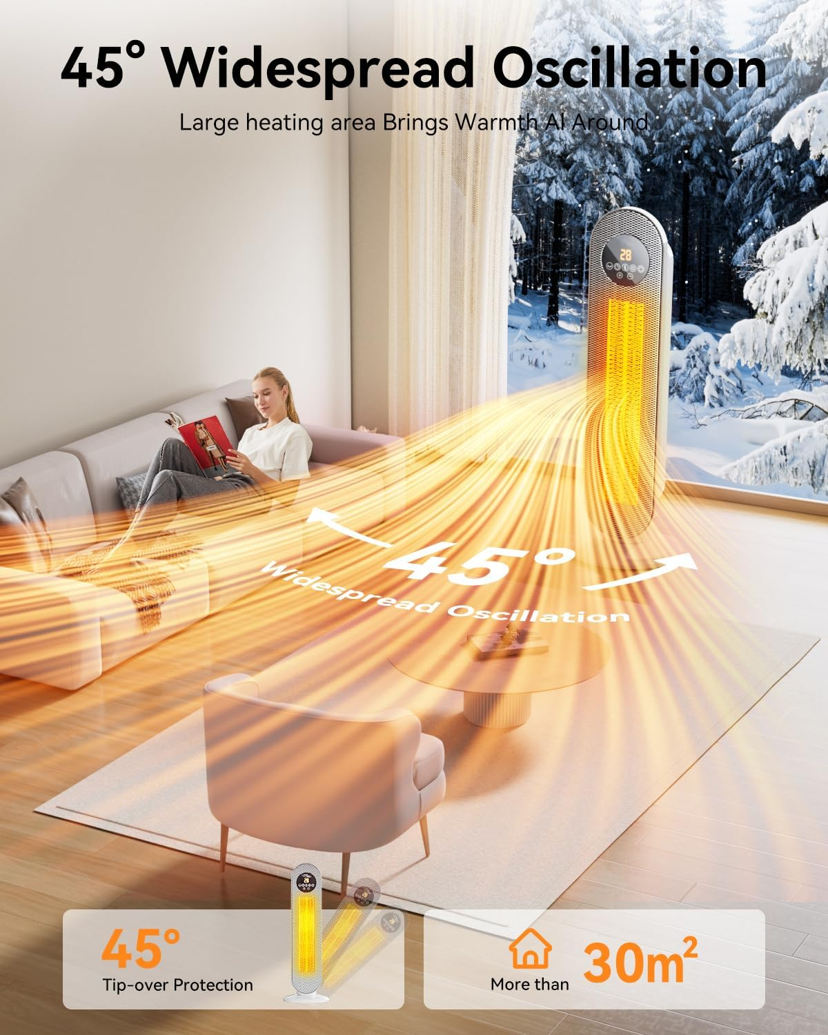 Micomlan Fan Heater for Bedroom, 2000W Fast Heating Space Heaters, Portable Ceramic PTC Tower Heater 12H Timer, Oscillating Electric Heater for Bathroom, Living Room, Office, Large Room, Indoor Use image number 2