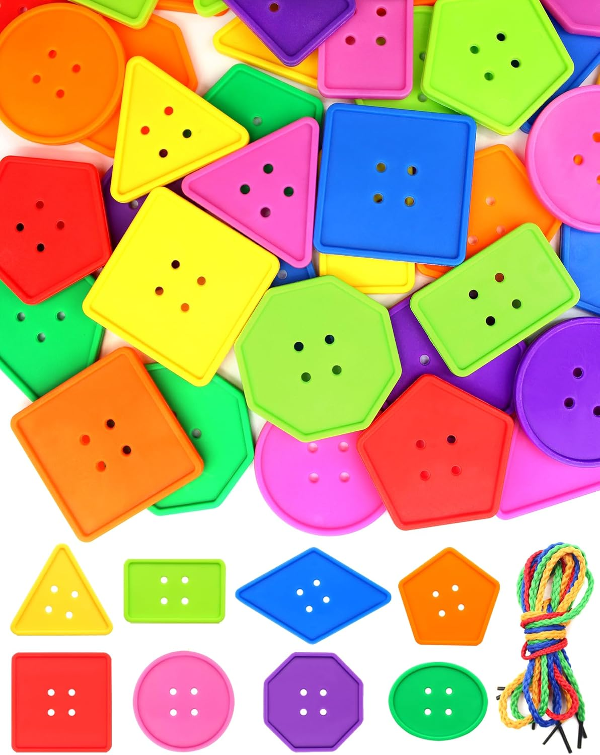 Cinvo 160 Pieces Big Bright Buttons 8 Geometric Shapes Jumbo Sewing Buttons for Crochet Knitting Teaching Shapes, Colors and Motor Skills Arts and Crafts Projects(7 Random Colors)