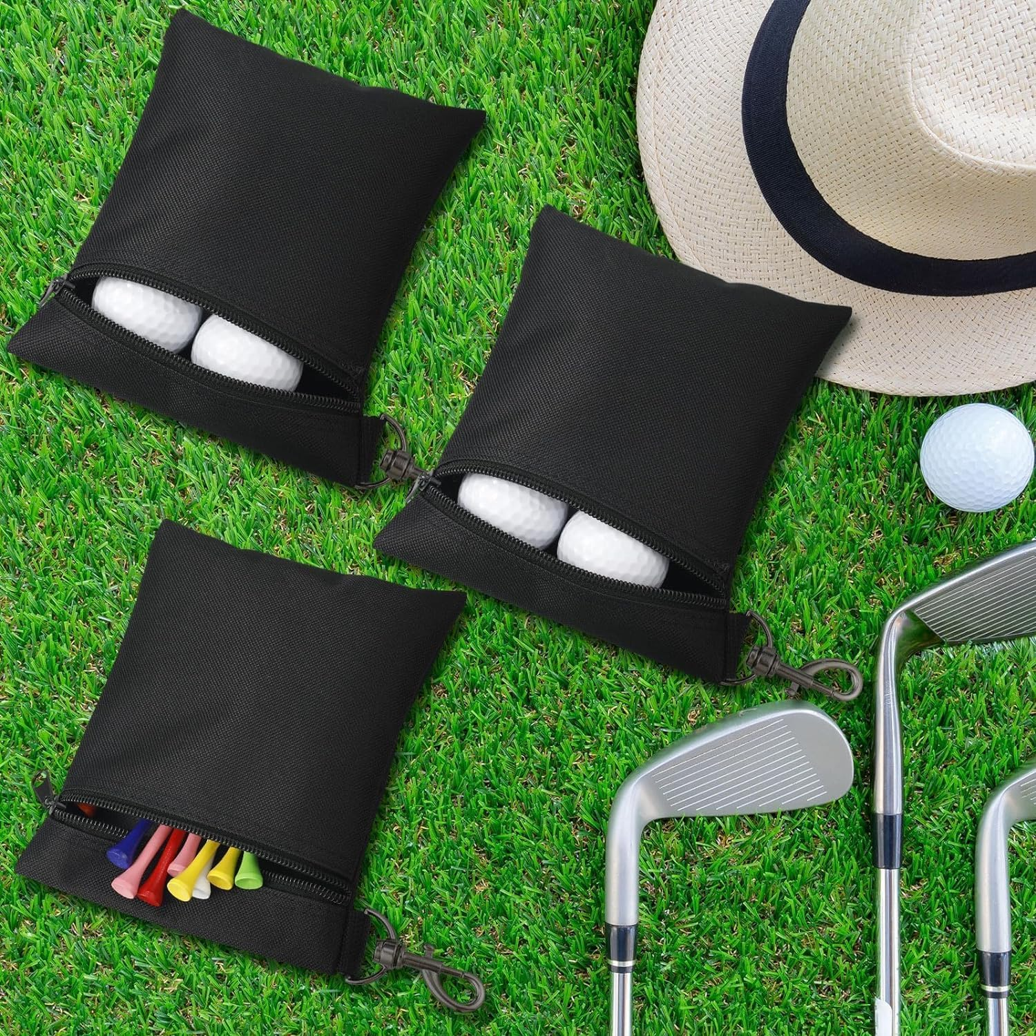 Zipper Golf Tee Ball Pouch Bag with Metal Lobster Claw Clip,2Pcs Zipper Golf Tee Bag Pouch with Metal Lobster Claw Clip,Golf Tee Pouch Golf Ball Bag Golf Ball Storage Bag with Lobster Claw Clip,Black - Black image number 2