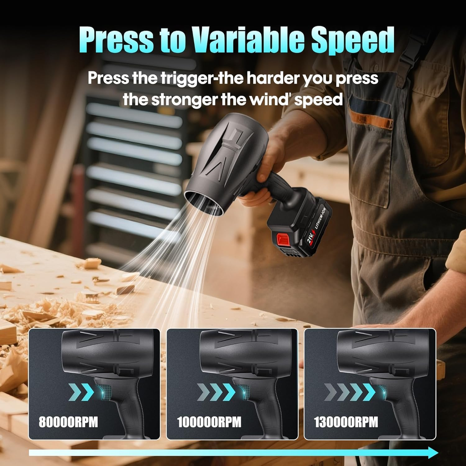 Cordless Leaf Blower, Lightweight Handheld Turbo Jet Blower 130000 RPM Portable Dust Cleaner with Adjustable Speed for Patio Lawn Care Patio Cleaning Blowing, 2 * 2.0Ah Battery Powered image number 5