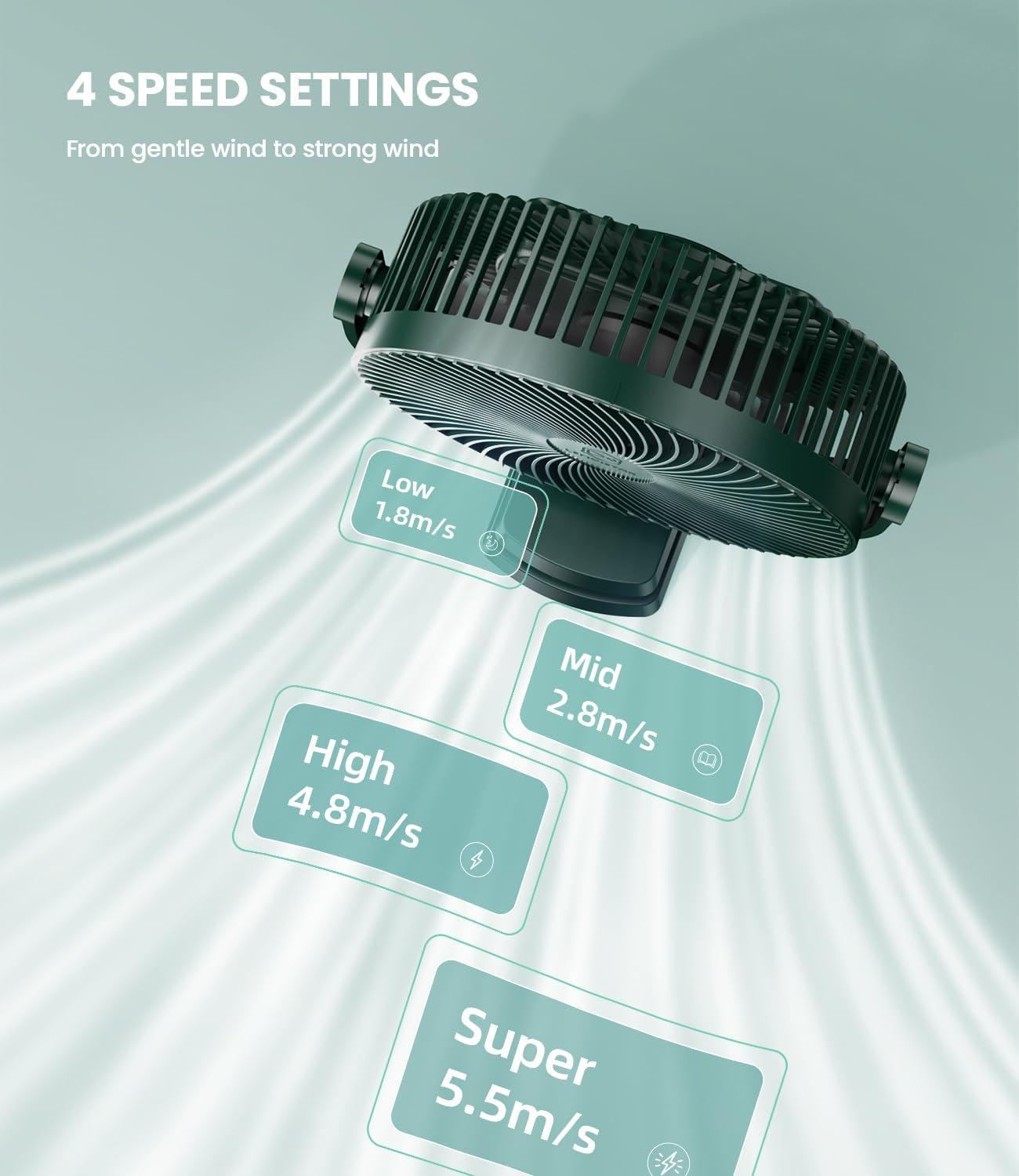 10000Mah Battery Operated Clip on Fan, 4 Powerful Speeds, Quiet, 8 Inch, Max 38 Hrs, Rechargeable USB Personal Fan for Stroller Golf Cart Camping Desk Office Bedroom-Dark Green image number 3