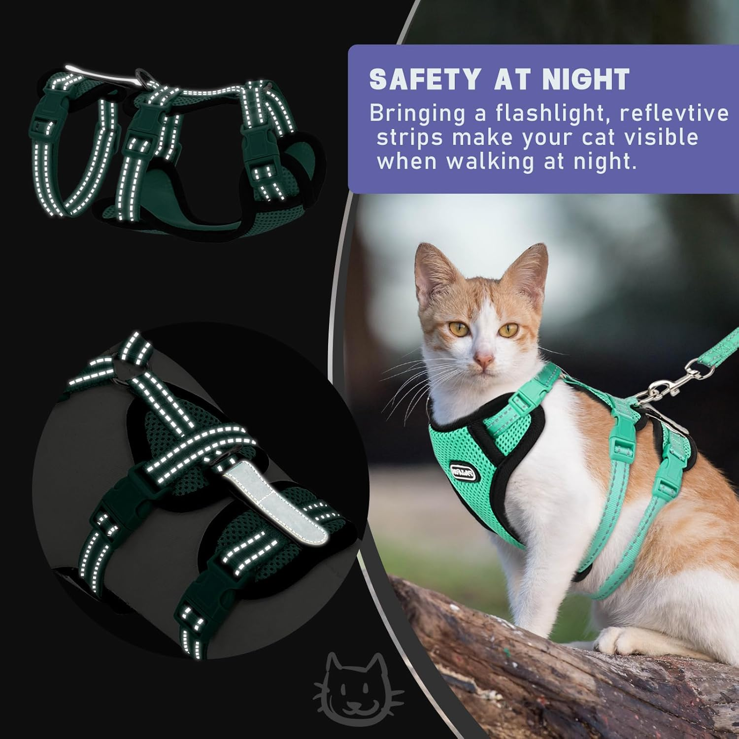 Cat Harness for Walking, Escape Proof Cat Harness and Leash Set with Reflective Strip, Adjustable Cat Leash Breathable Soft Vest for Small to Large Cats, Green, S image number 6
