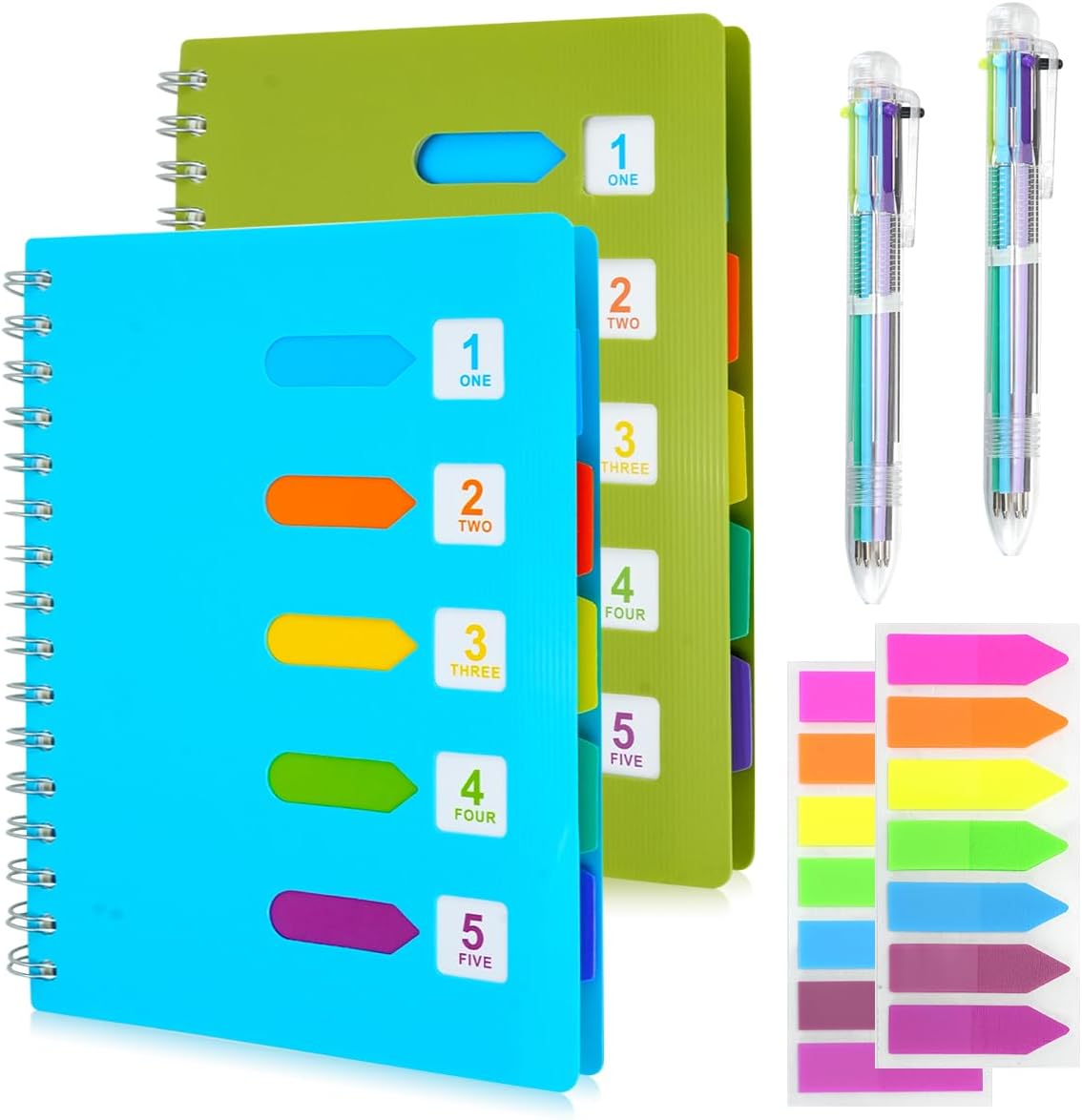 2Pcs 5 Subject Notebook, FHDUSRYO A5 Spiral Notebook with Dividers, Hardcover Notebook Double Wires Journal, 240 Pages Ruled Notebook with Pen Sticky Tab for Work, Home, School, Office (Pink Yellow)