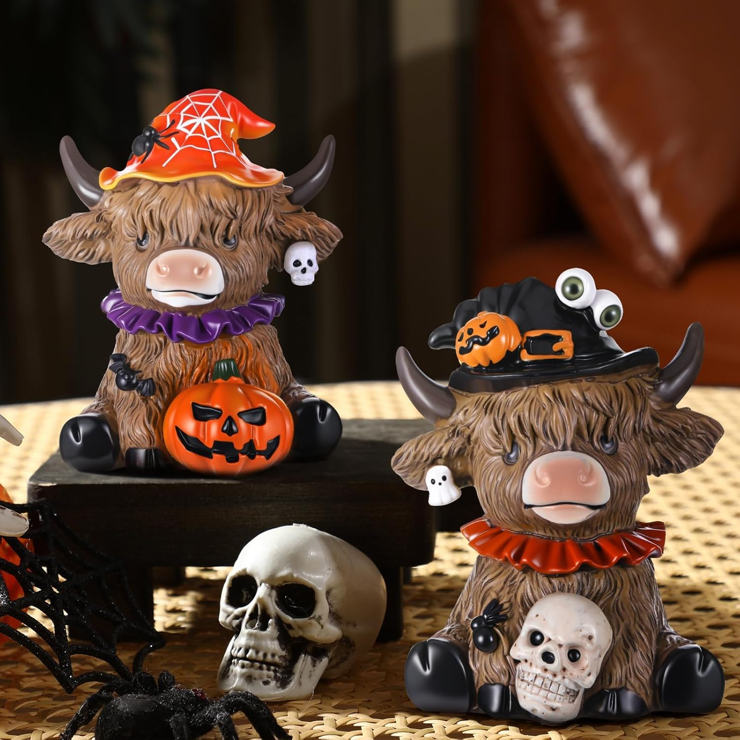 Highland Cow Halloween Decor - Unique Figurine with Pumpkin, Skull & Spider, Ideal for Indoor Home Garden Kitchen Office Table image number 5