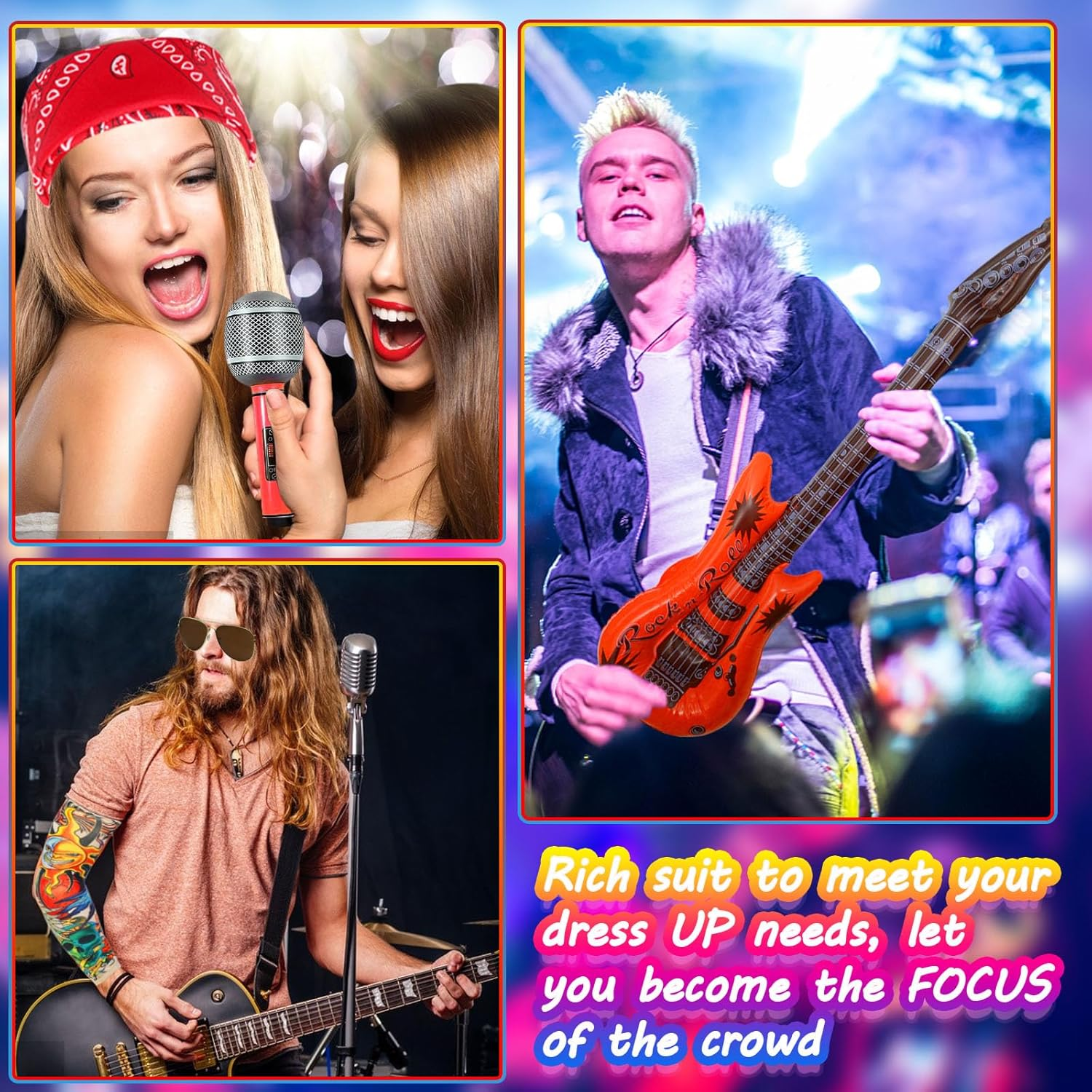 11Pcs Punk Gothic Rocker Costume Set, Rock Heavy Metal Accessories with Retro Sunglasses Gloves Bandana Fake Tattoo Sleeves Bracelet Rings Inflatable Guitar for Women Men Halloween 80S Disco Party image number 1