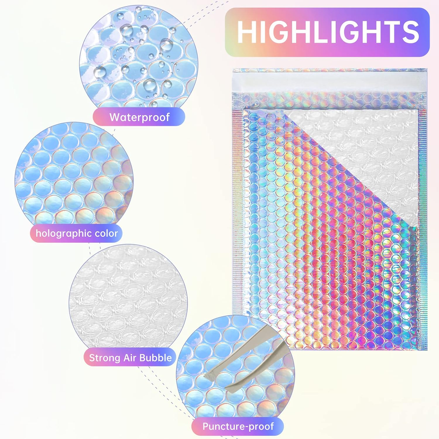50 Pcs Metallic Bubble Mailers,Poly Padded Envelopes,Waterproof Self Seal Adhesive Shipping Bags,Foil Glitter Glamour Shipping Mailer,Holographic Cushion Envelopes for Mailing,Packing,Small Business - Rainbow Color image number 5