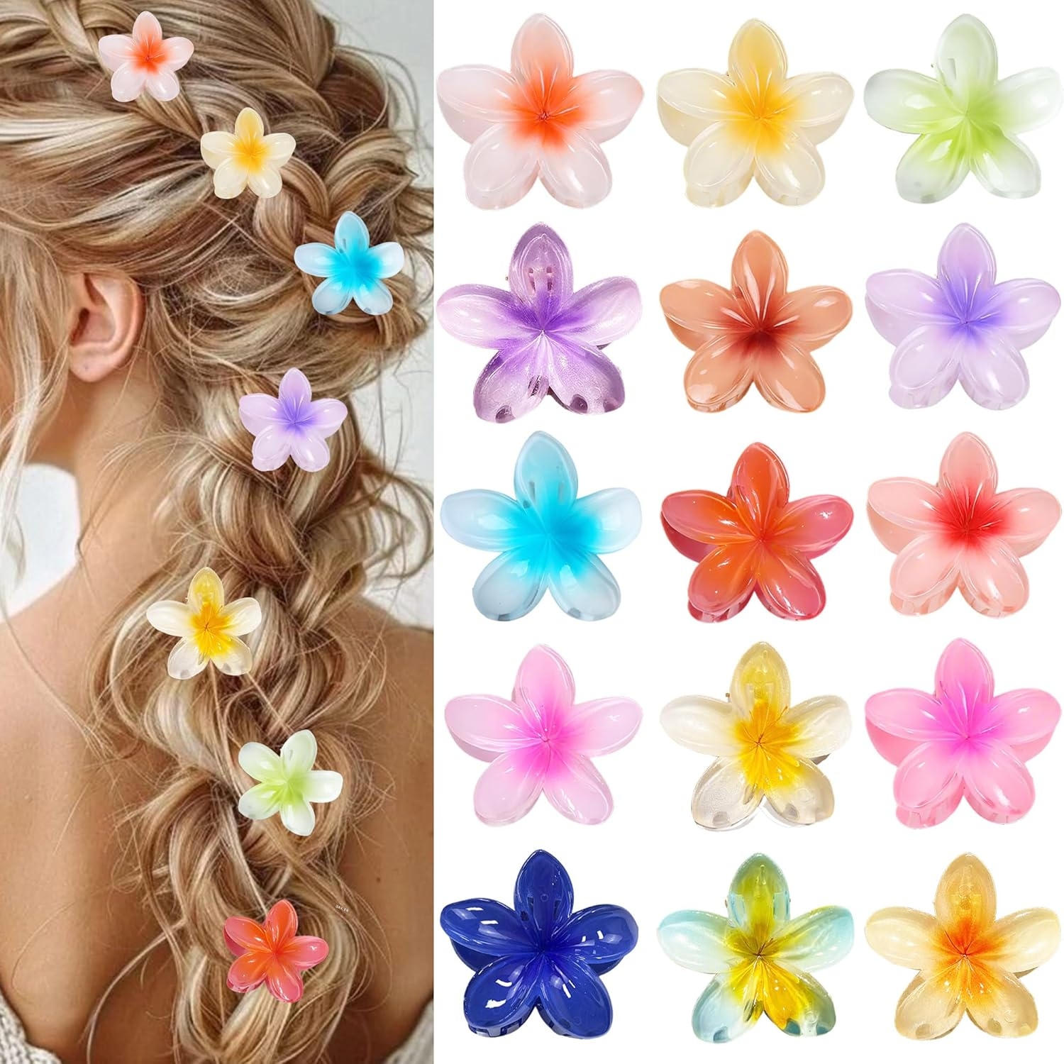 Pack of 15 Flower Hair Clips, Flower Hair Clips, Hawaiian Hair Clip Flower, 4 Cm Small Plumeria Flower Claw, Thin, Thick, Curly Hair for Women, Non-Slip Hibiscus Hair Clips, Hair Accessory image number 4