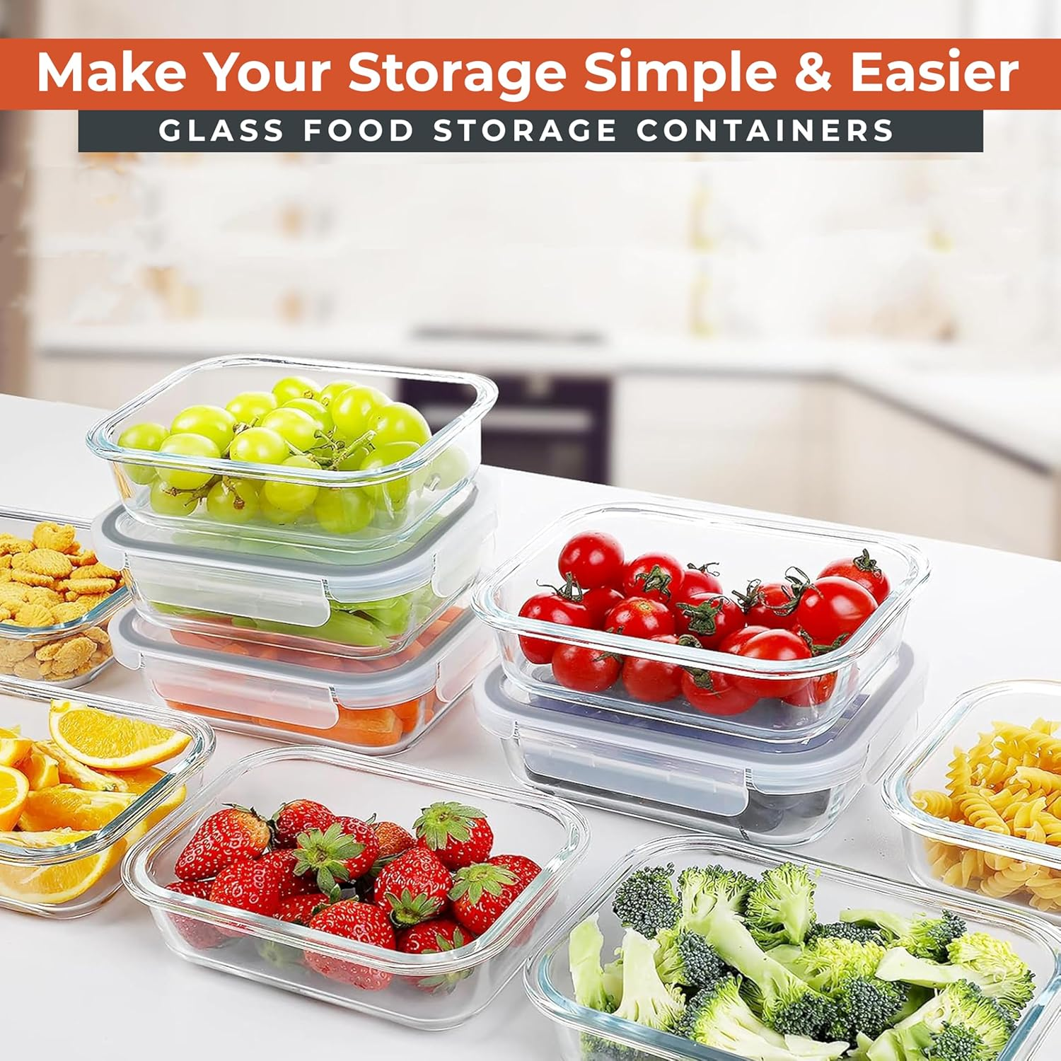 RFAQK Glass Food Storage Containers 5 Pack, 35OZ (5Containers&5Lids) Airtight Meal Prep Containers for Kitchen Storage & Organisation- Leakproof Lunch Box Safe for Oven,Freezer, Dishwasher image number 6