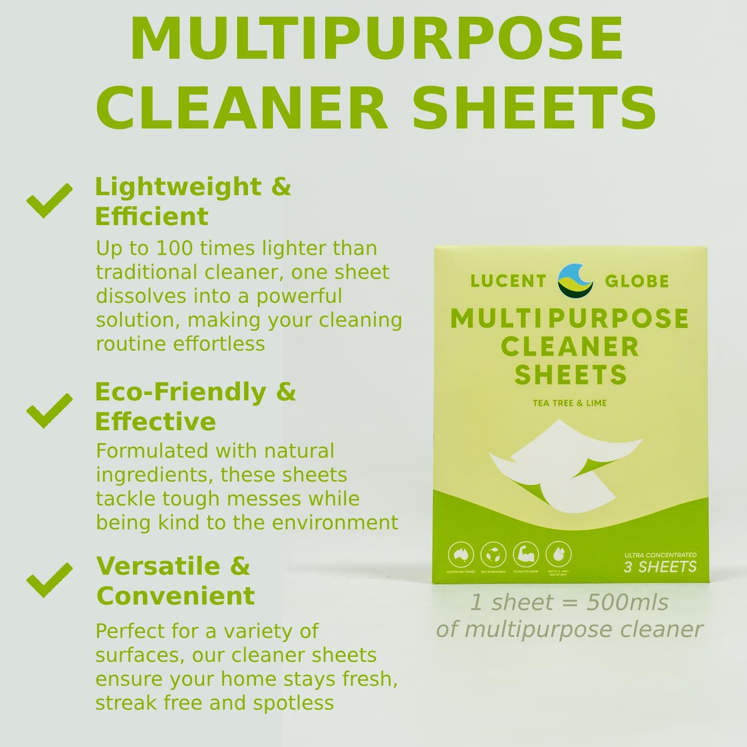 Lucent Globe Multipurpose Spray Refill Sheets &ndash; Just Add Water for a Natural, Zero-Waste Clean &ndash; Eco-Friendly Cleaning Solution for Kitchens, Bathrooms & More &ndash; 3 Dissolvable Sheets Makes 500Ml Ea. image number 4