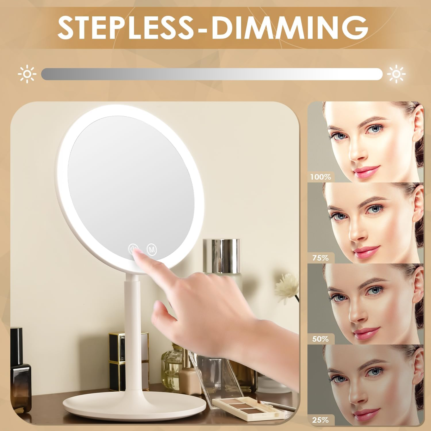 Auxmir Cosmetic Mirror 1 X with Small 10 X Illuminated Makeup Mirror with 46 Leds 3 Light Colours and Dimmable Brightness, USB Rechargeable Table Mirror Touch Switch Makeup Mirror 90&deg; Swivelling image number 3