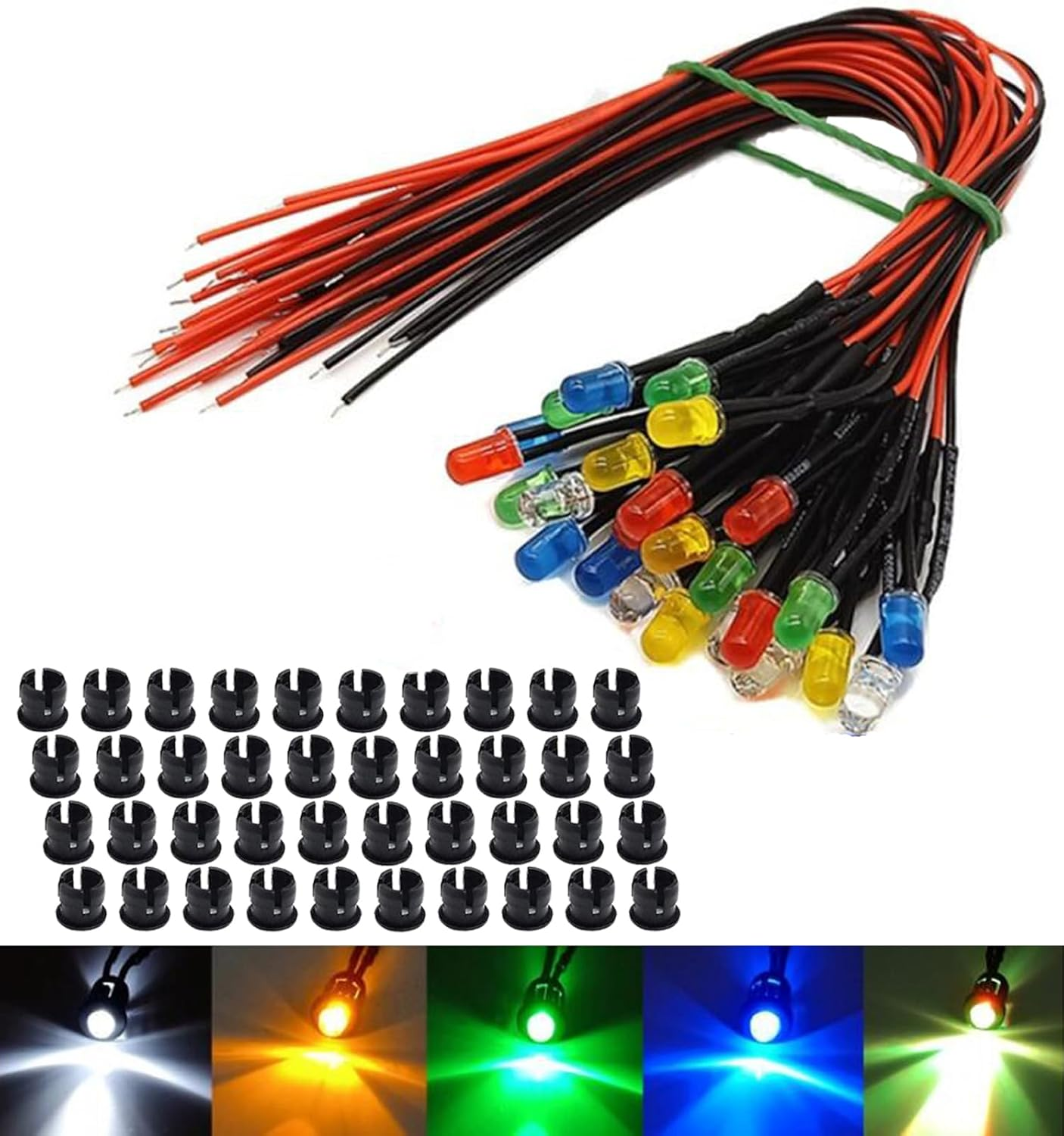 80Pcs 3MM 3Volt LED Lights Kit Emitting Diodes Pre Wired LED Lights Diodes 8 Colors with 80Pcs 3Mm Plastic Holders Panel Mount Black image number 1