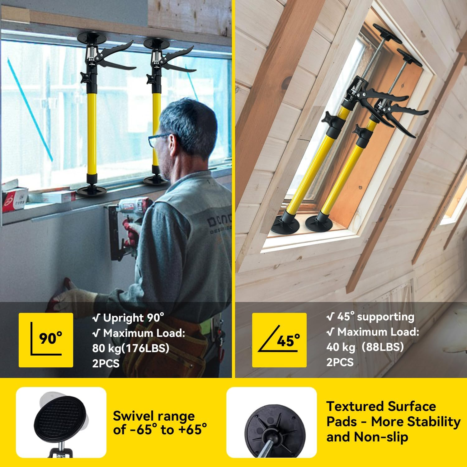 Cabinet Jack Support Pole, 50-115 Cm Steel Telescopic Quick Support Rod Adjustable 3Rd Hand Support System with 40Kg Capacity for Cabinet Jack, Drywall Jack& Cargo Bars, 2-Pack image number 5