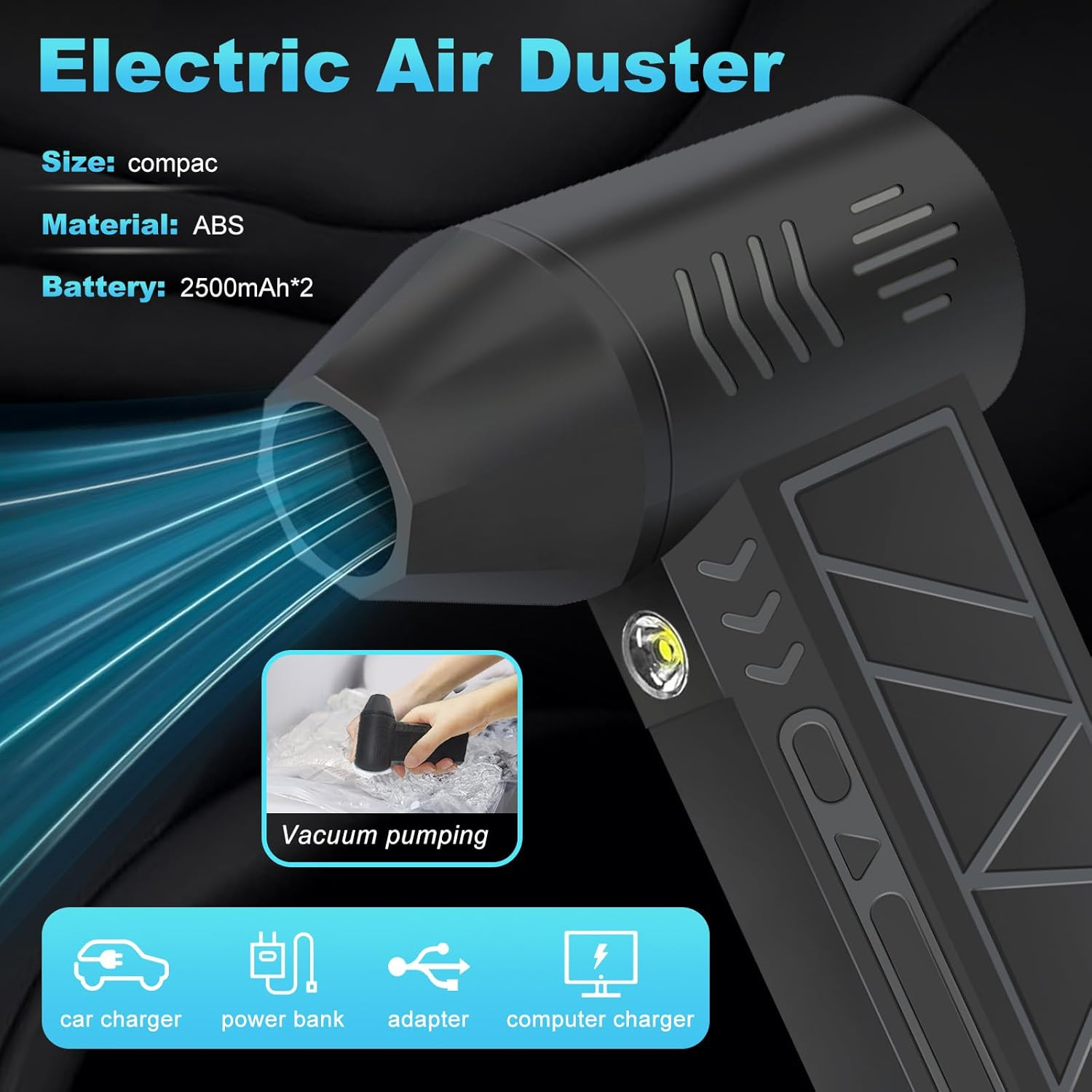 Oolong Compressed Air Duster,130000Rpm Handheld Air Blower,3 Gear Electric Portable Mini Air Blower with LED Light, Rechargeable Reusable Compact Air Duster for Keyboard Cleaner,Pc,Car,Home,Outdoor image number 3