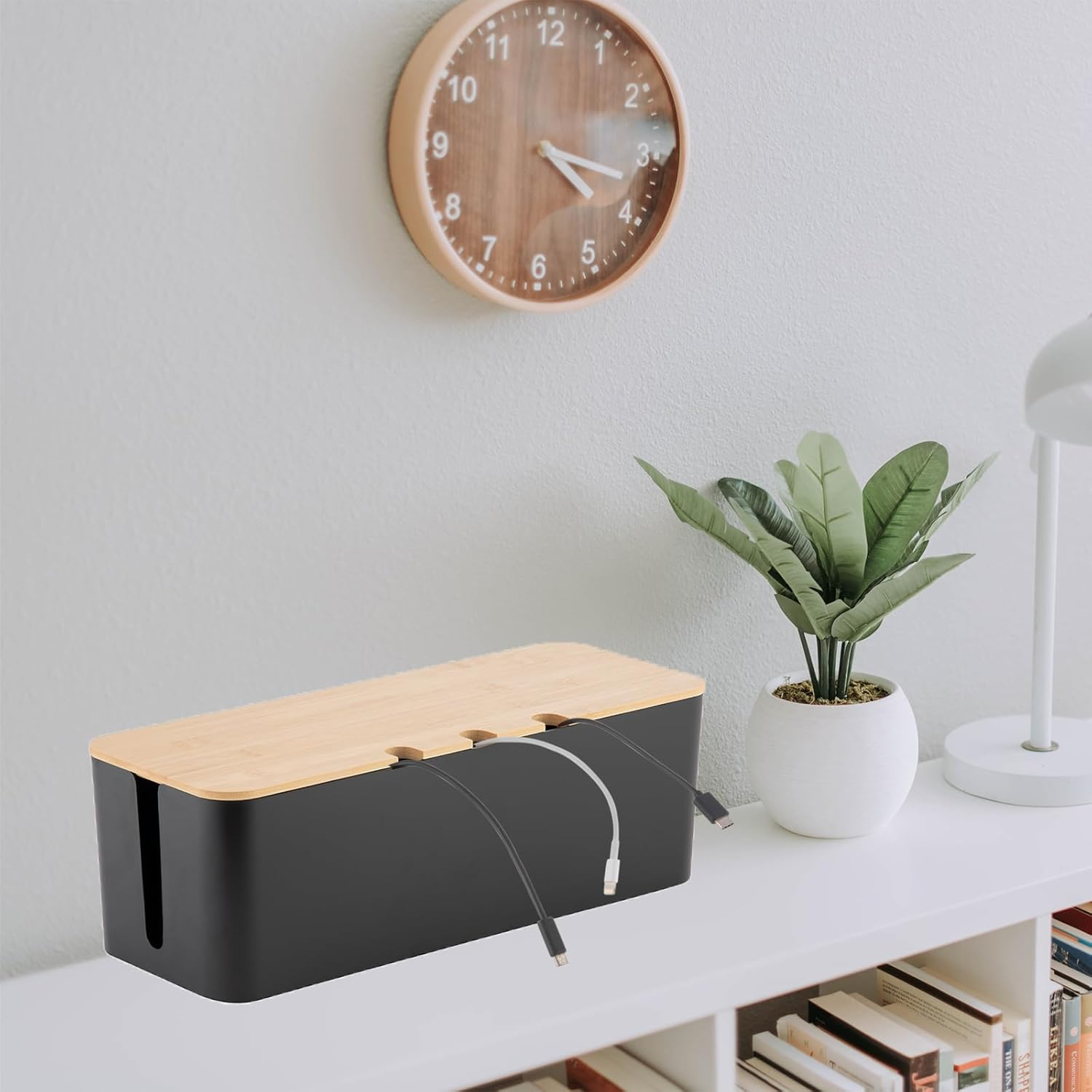Zarek Set Two of Bamboo Cover Cable Management Box, Large Storage Tidy,Wires Keeper Holder for Computer, Desk, TV, Phone Holder, Powerboard Charging Cable, Strong Organiser Box on Home&Office（Black） - Black image number 3