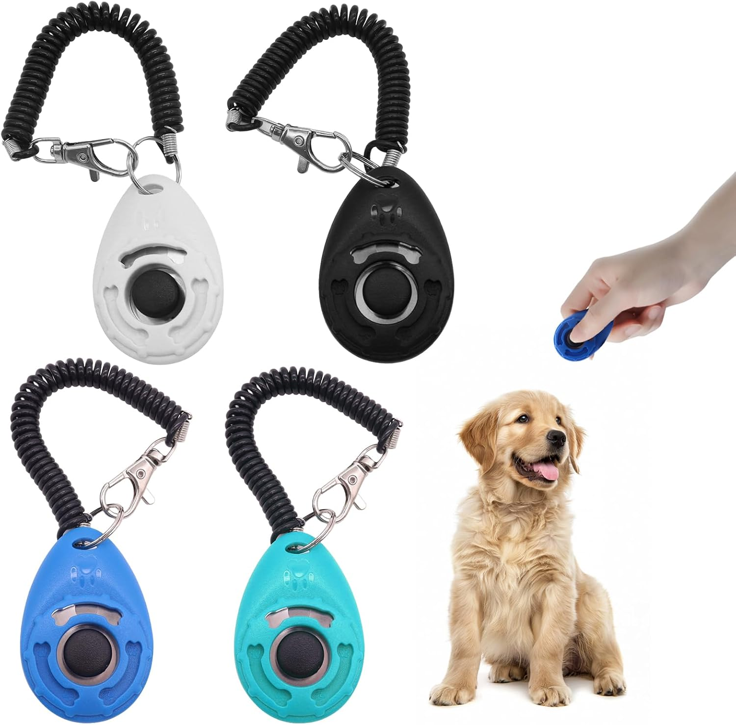 Dog Clicker, 4 Pcs Dog Training Clicker, Dog Buttons, Pet Training Clicker with Wrist Strap, Pet Behaviora Training Tools for Puppy, Cats, Birds, Hamsters, for Pet Lovers (Black&White&Blue&Lake Blue) image number 1