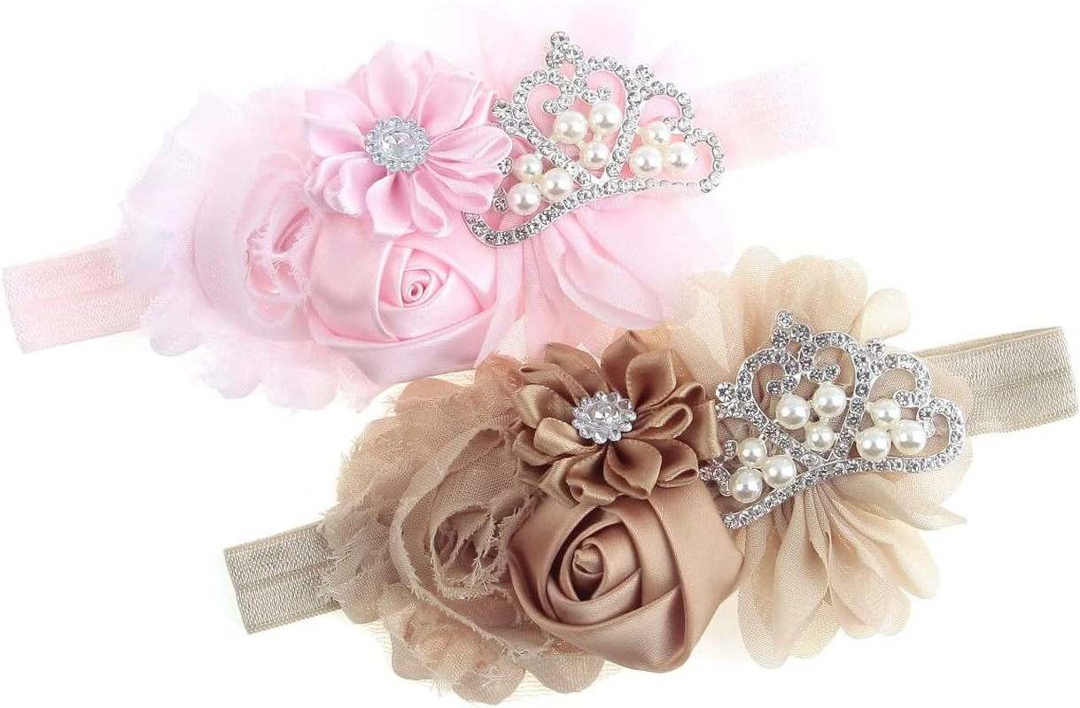 Nishine Baby Christening Headband Toddler Girls Fabric Flower Headband Tiara Stretchy Elastic in Pairs (Child, White/Pink)