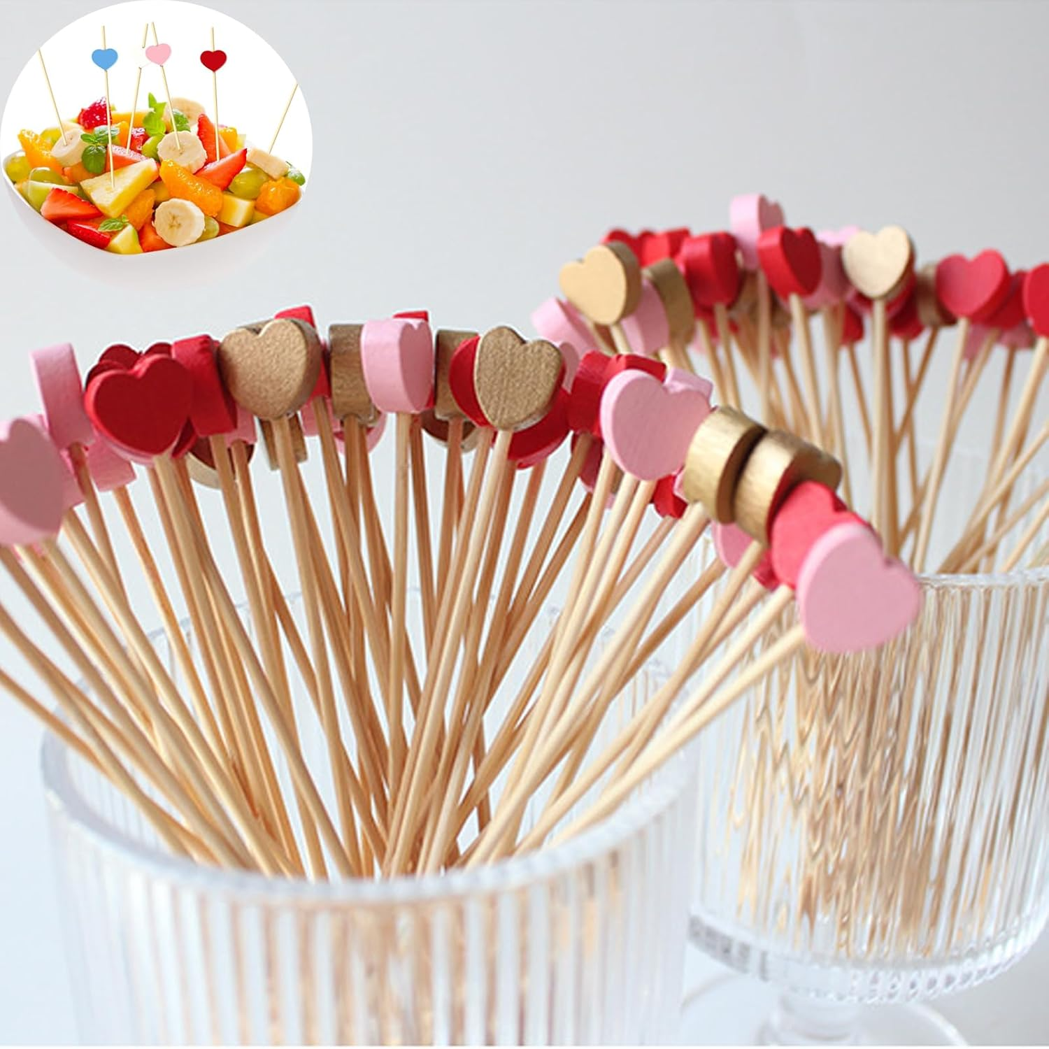 100PCS Colorful Heart-Shaped Fruit Sticks,4.7-Inch Cocktail Dessert Sandwich Skewers, Party Appetizer Drink Supply,Wedding Skewers,Valentine'S Day,Dessert,Deli,Party Snack Decoration（Chroma） image number 1