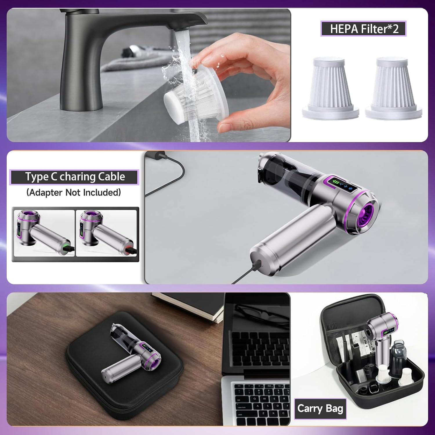 Lyiazsoy Car Vacuum Cleaner Cordless,27000Pa High Power Mini Vacuum Cleaner,Rechargeable Handheld Vacuum Cleaner,Car Hoovers for Pet Hair, Home, Office, Kitchen(Purple) image number 1