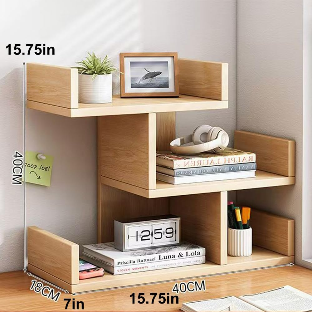 Hbluefat Desktop Storage Shelf, Small Wood Desk Bookshelf/Bookcase, Tabletop Display Rack Organisers for Books/Cds/Albums/File (Wood)