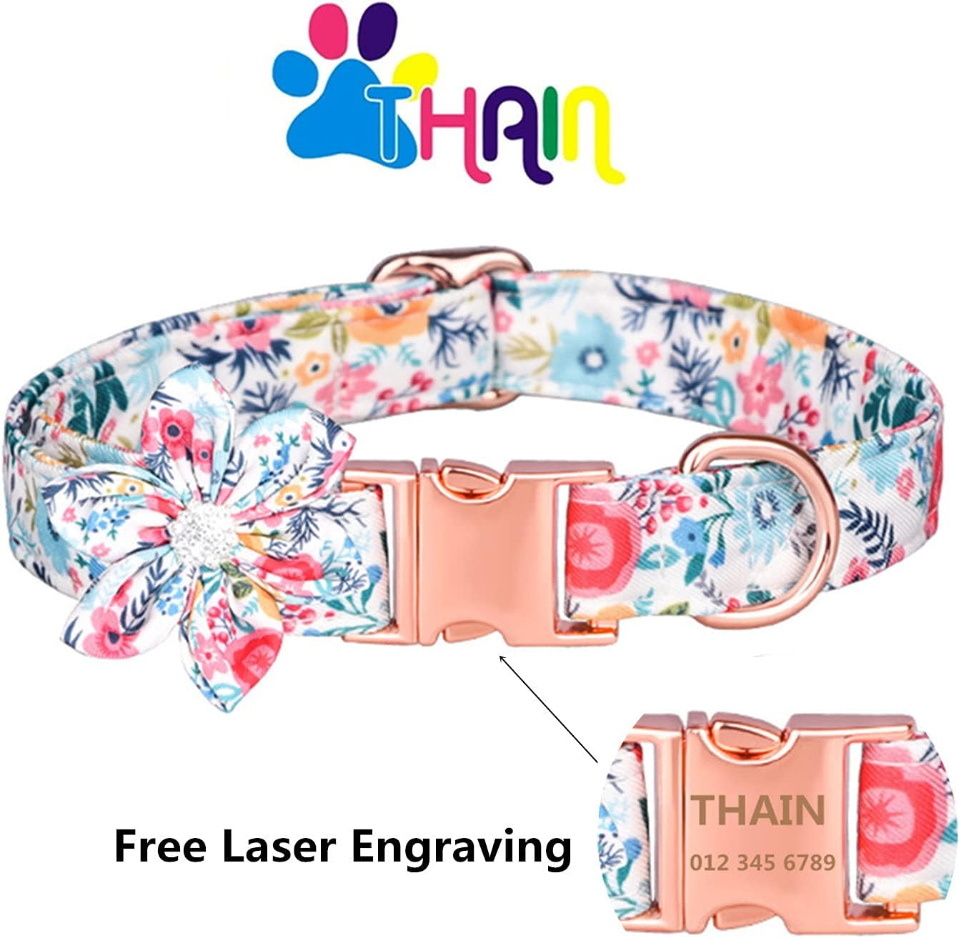THAIN Custom Flower Girl Dog Collar Personalized for Female Dogs- Floral Pattern Engraved Pet Collars with Name Personalized Rose Gold Buckle (S(Neck 10.2-16.5"), White Flower) image number 3