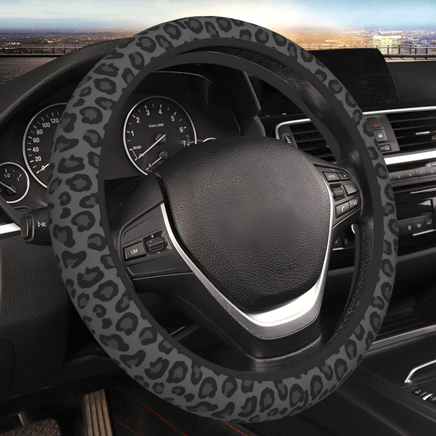 Black Leopard Cheetah Steering Wheel Cover for Women Girls, Anti-Slip High Elastic Breathable Soft Rubber Car Steering Wheel Cover, Universal 15 Inch Fit for Cars, Auto, Suvs
