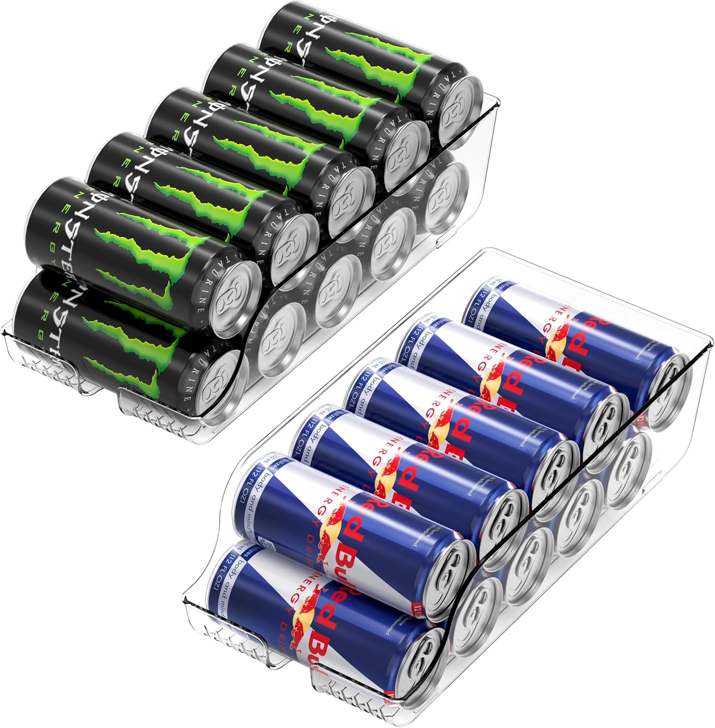 Simple Houseware Tall Skinny Can Organiser Dispenser Compatible with 500Ml / 16Oz Energy Drink for Refrigerator or Pantry, Clear, Set of 2 image number 1