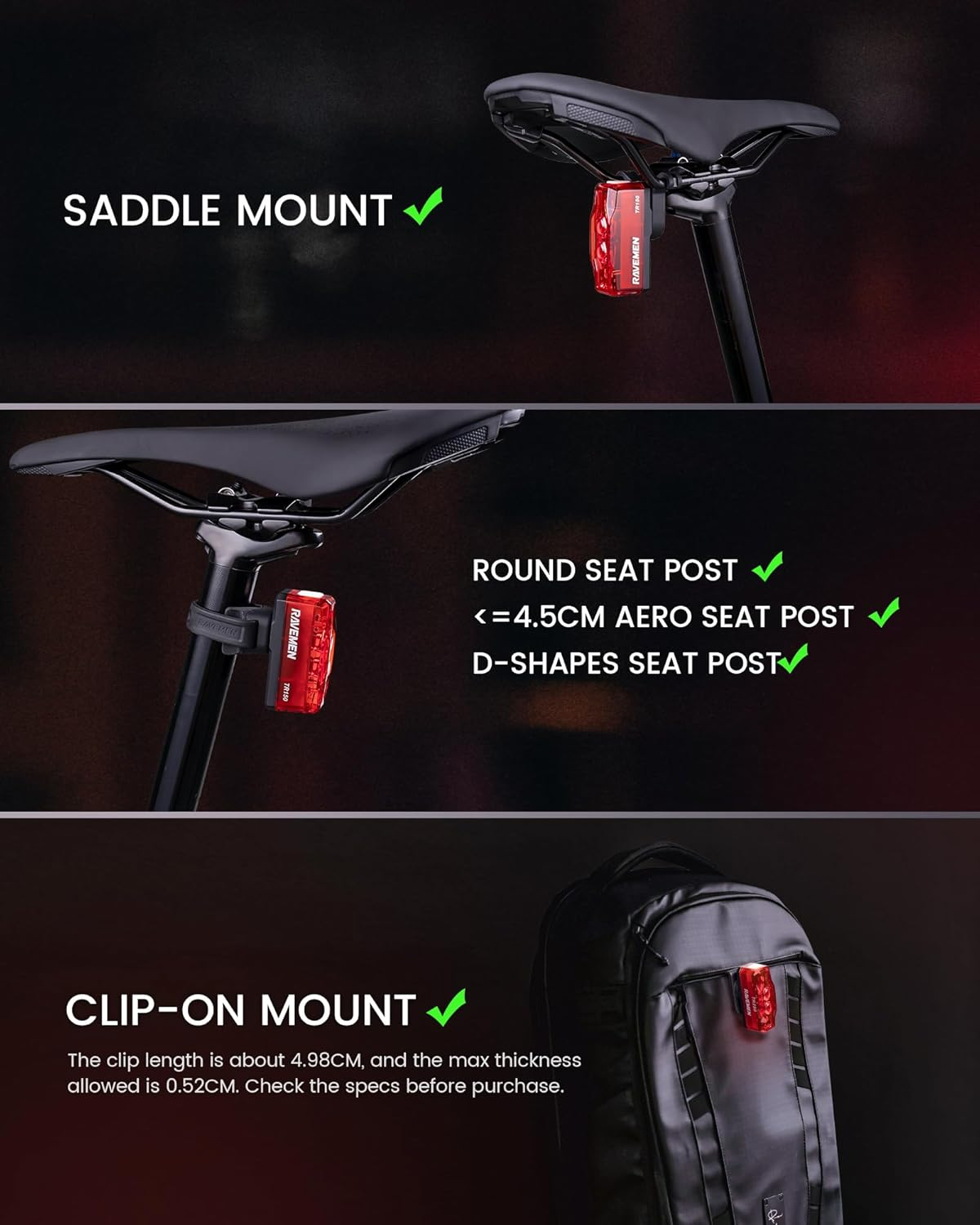 RAVEMEN TR150 Bike Tail Light with 3 Kinds of Install Ways,150 Lumens Rechargeable Bicycle Rear Safety Light for Daytime/Night Riding image number 2