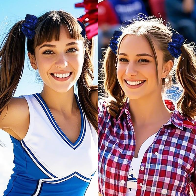 Navy Blue Scrunchies for Thick Thin Hair Ties for Girls Toddler Cheer Stuff for Kids Womens Blue Sequins Cheer Hair Pieces Ponytail Holders for Braids Glitter Rhinestone Cheerleader Scrunchie 2 Pcs image number 6