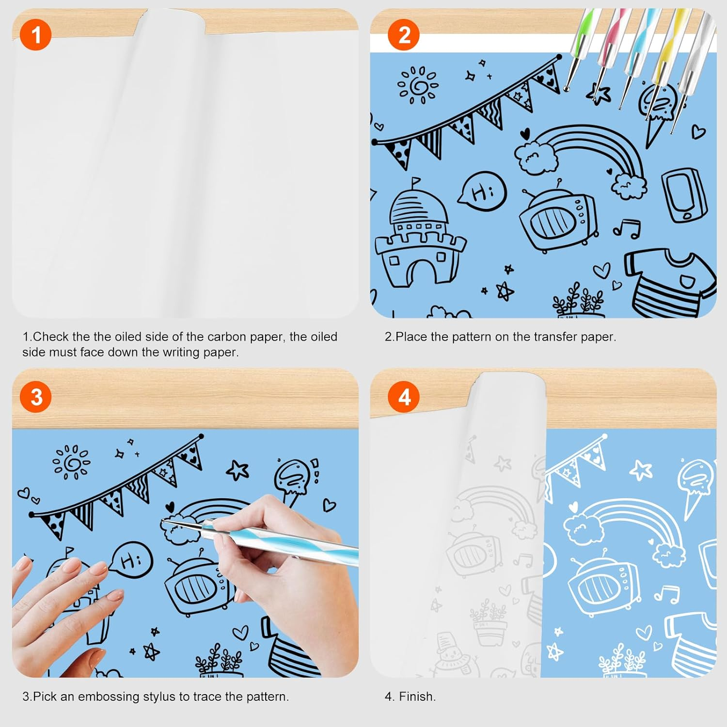 200 Sheets White Carbon Transfer Papergraphite Tracing Paper with Embossing Styluses for DIY Wood Paper Canvas and Other Art Craft Surfaces image number 4