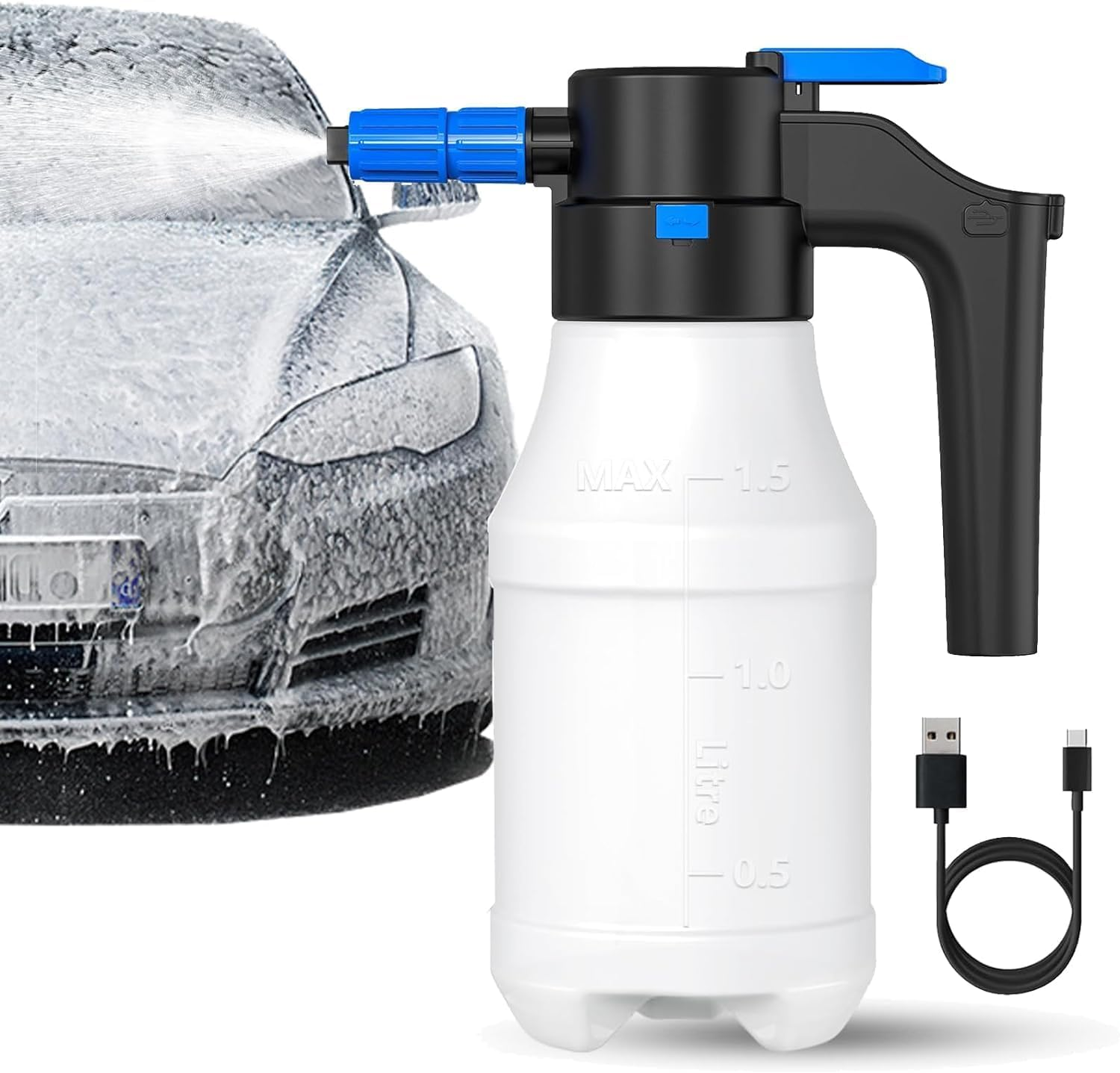 Yuedefly Electric Foam Sprayer with USB - Electric Pressure Car Foam Sprayer, 1.5 Liters Large Capacity Foam Blaster for Car Washing, Garden, Home and Other Cleaning image number 6