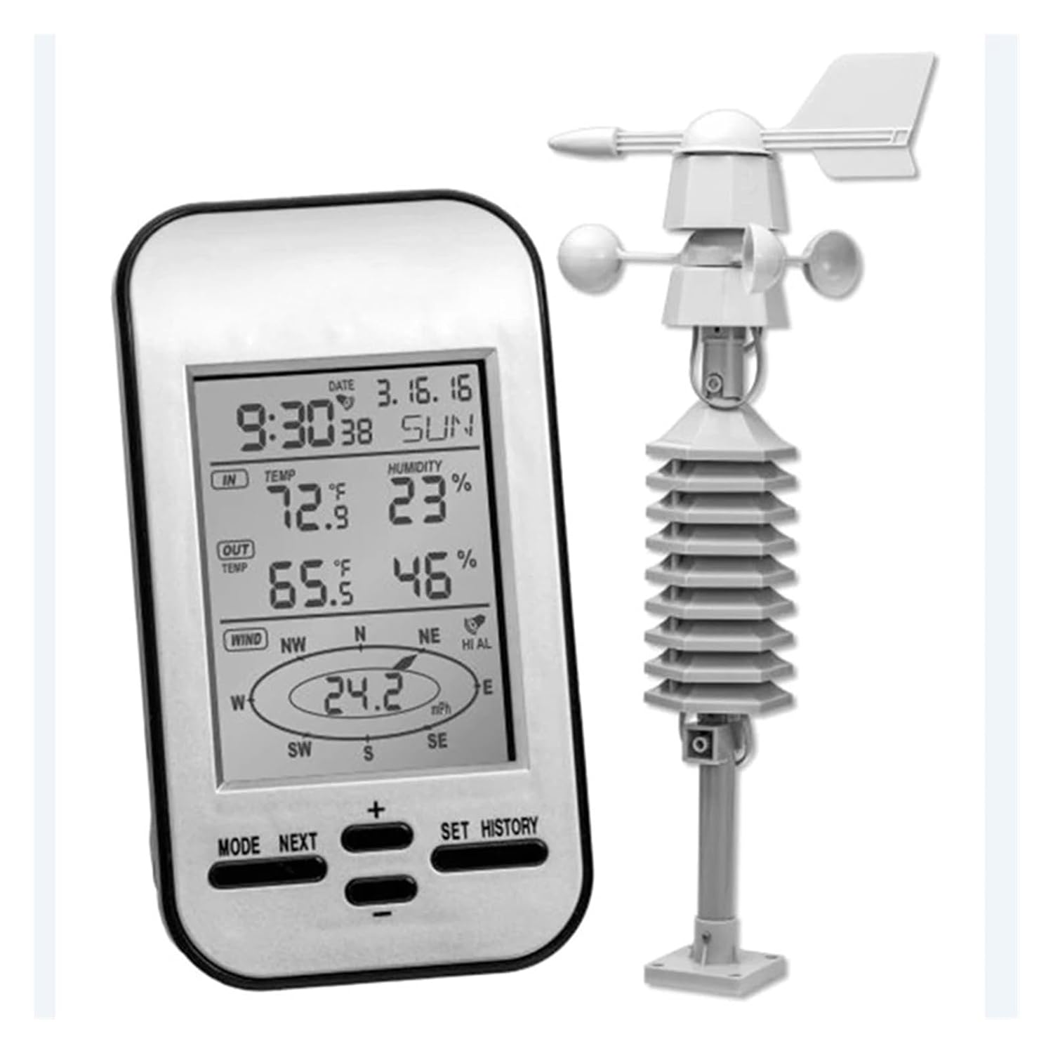 Wireless Digital Anemometer Weather Station Clock Professional Out Wind Speed Direction Chill Temperature Humidity Meter Sensor image number 3