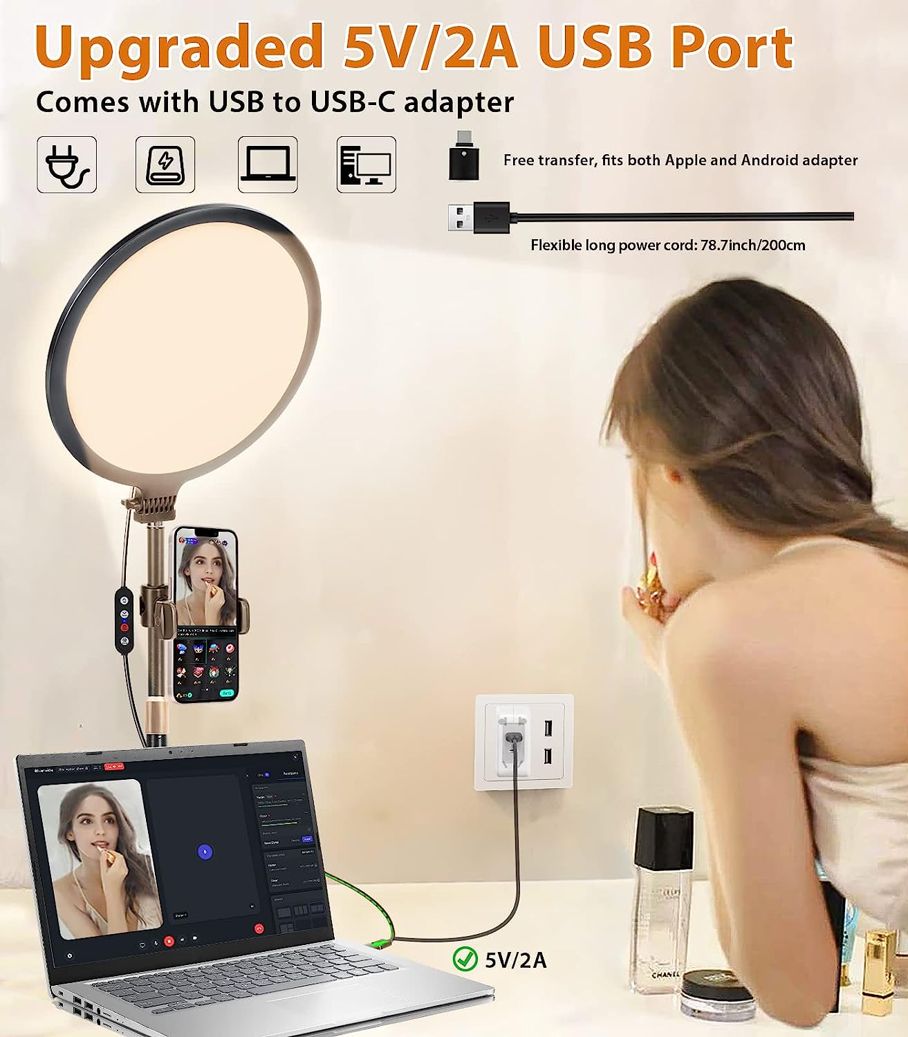 Ring Light 10.5 Inch, Full-Screen Desktop Selfie Light with Phone Holder for Phone Video Recording, Makeup Light with Extendable Stand, Dimmable LED Ringlight for Zoom,Live Streaming,Filming,Selfie image number 6