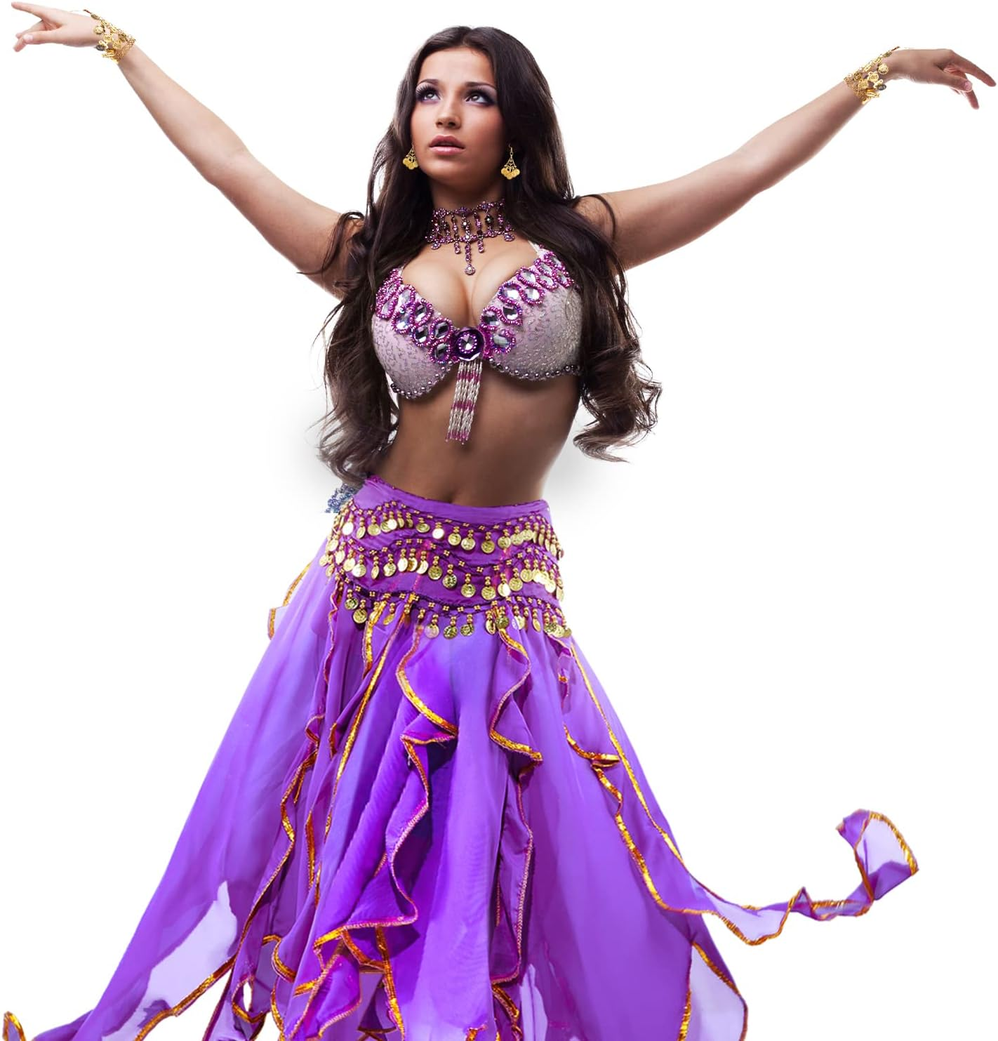 Haysandy 8 Pcs Belly Dance Outfit Sets Women,Belly Dance Skirt, Hip Scarf, 2 Bracelets, Earrings, Anklet Bracelet