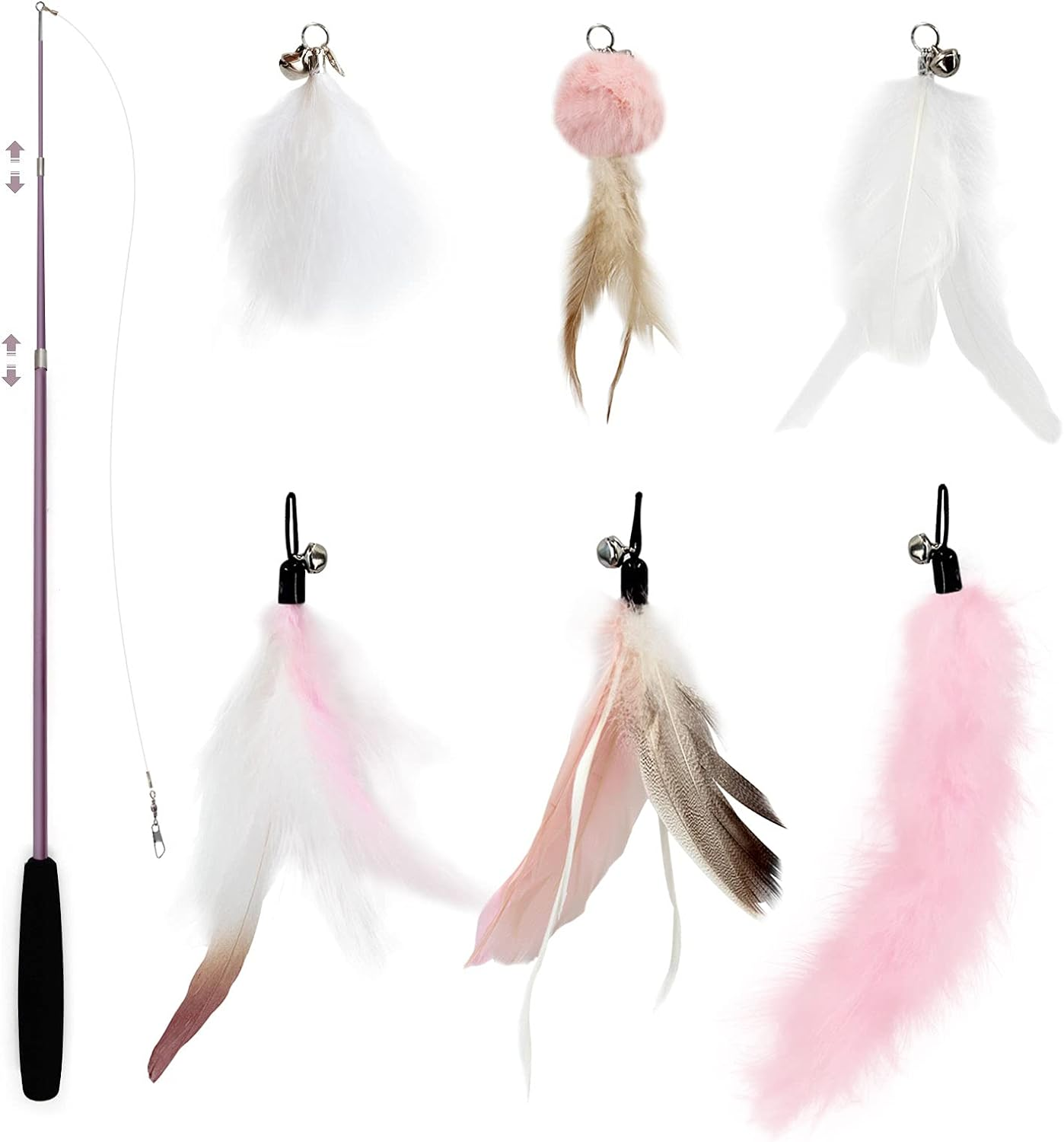 SONGWAY Interactive Cat Toy Feather - Cat Toy Set with Retractable Rods, Feather Rod Cat Toy with 6 Pieces Replacement Feathers with Bells, Feather Rod Cats, Pink image number 5