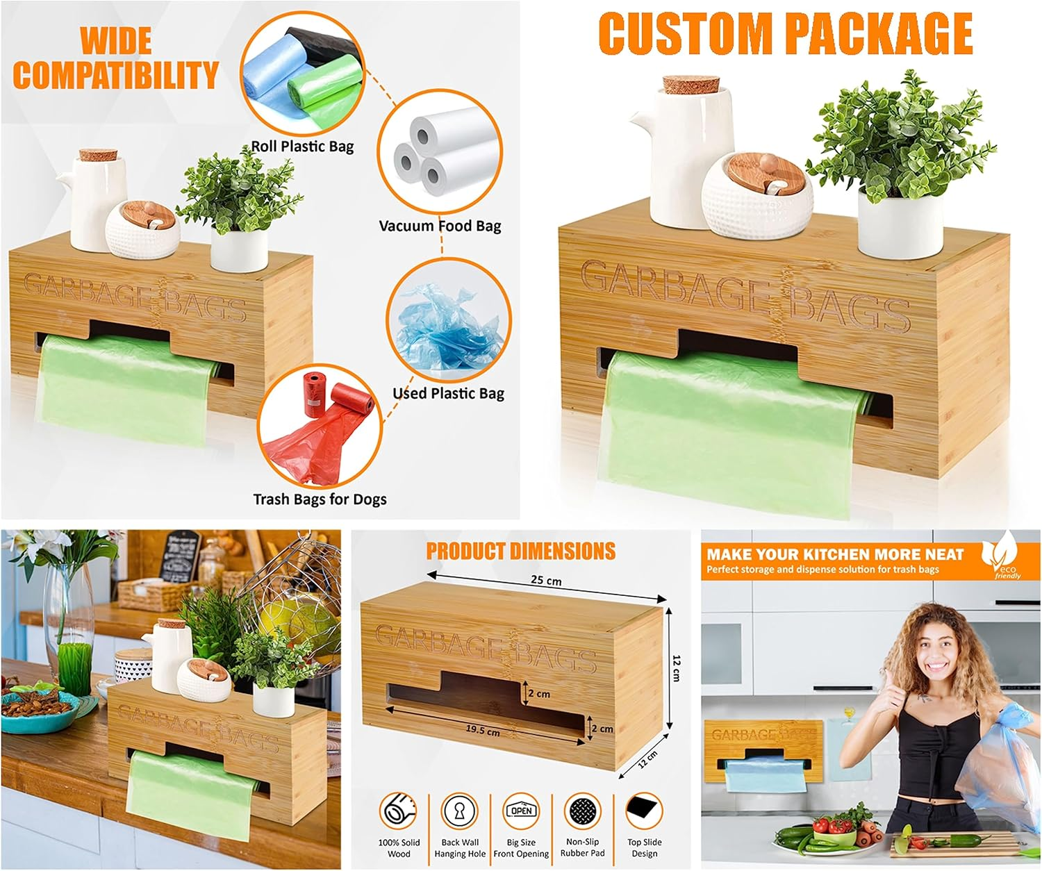 Stylish Garbage Bag Dispenser - Organize Your Kitchen with Our Inspiring Wooden Garbage Bag Holder Dispenser - Perfect for Kitchen Countertop, Pantry, and Wall Mount - 3.5 Litre Garbage Bag Compatible