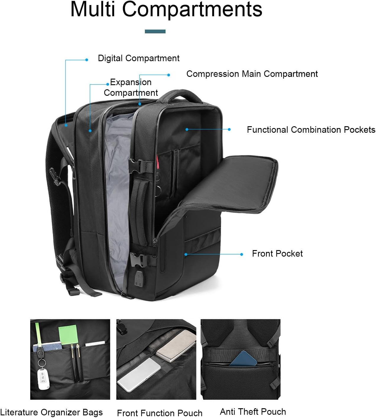 Expandable Vacuum Compression Backpack 70L, USB Charging Port, Water Oxford Cloth Travel Backpack with Dry Wet Compartment for Camping Business image number 2