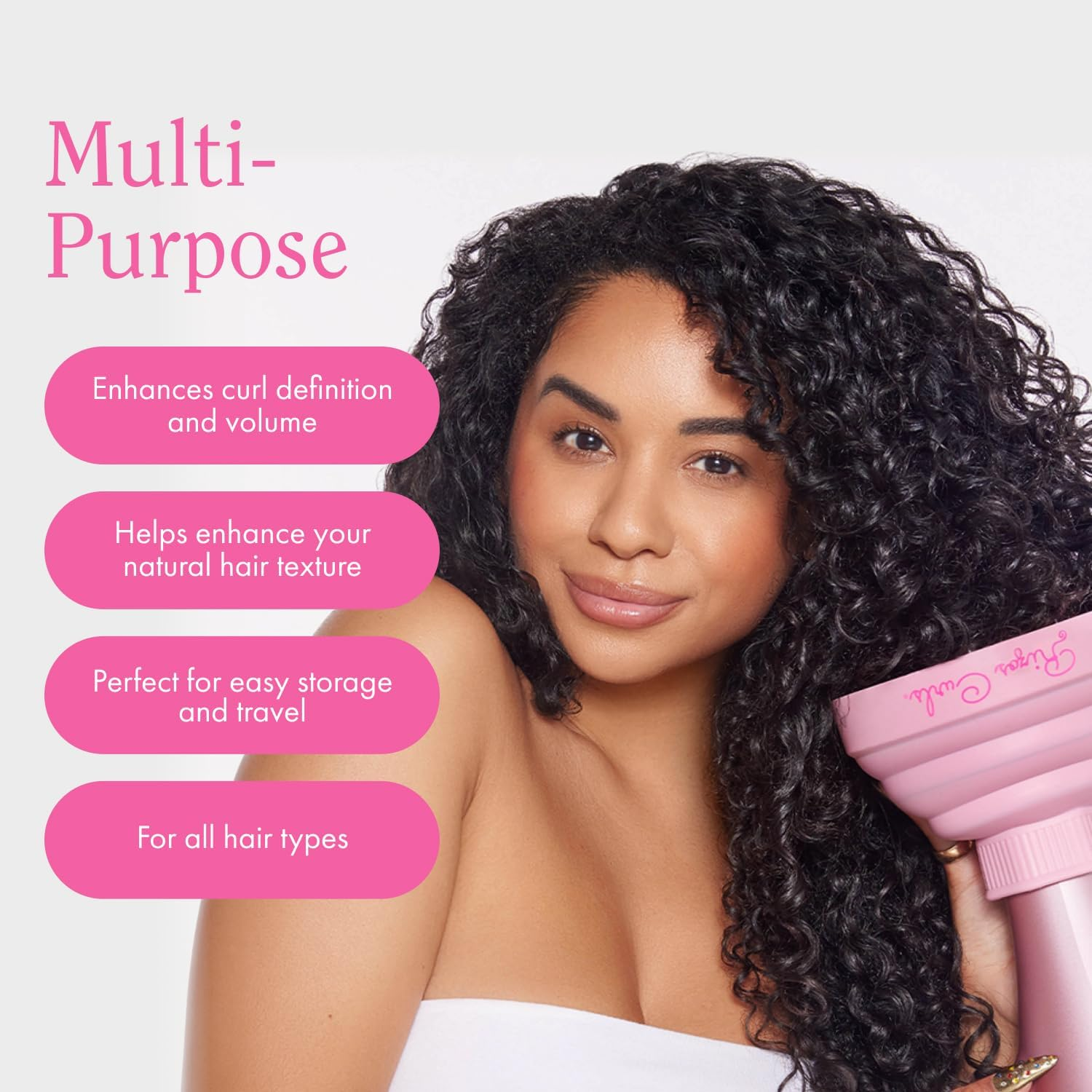 Rizos Curls Collapsible Hair Diffuser, Dry Curls Evenly & Faster, Enhances Curl Definition, Volume, and Minimize Frizz, Universal Size Fits Most Hair Dryers, Pink image number 4
