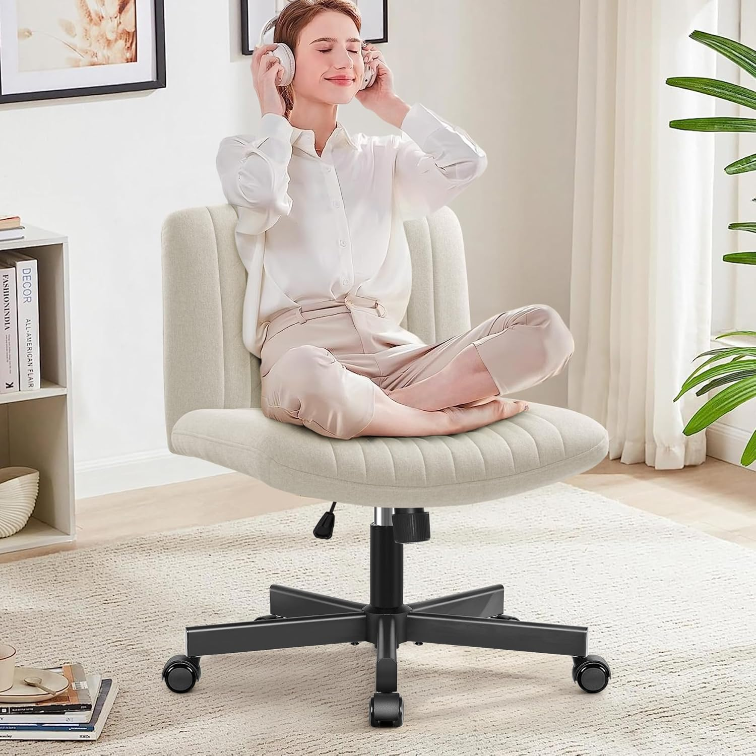 Cross Legged Desk Chair-Wide Seat Fabric Armless Chair Cloth Surface with Wheels, and Upholstered Cushioned Seat,Swivel Desk Chair for Home, Make Up, Bedroom Computer Task Chair, Beige image number 6