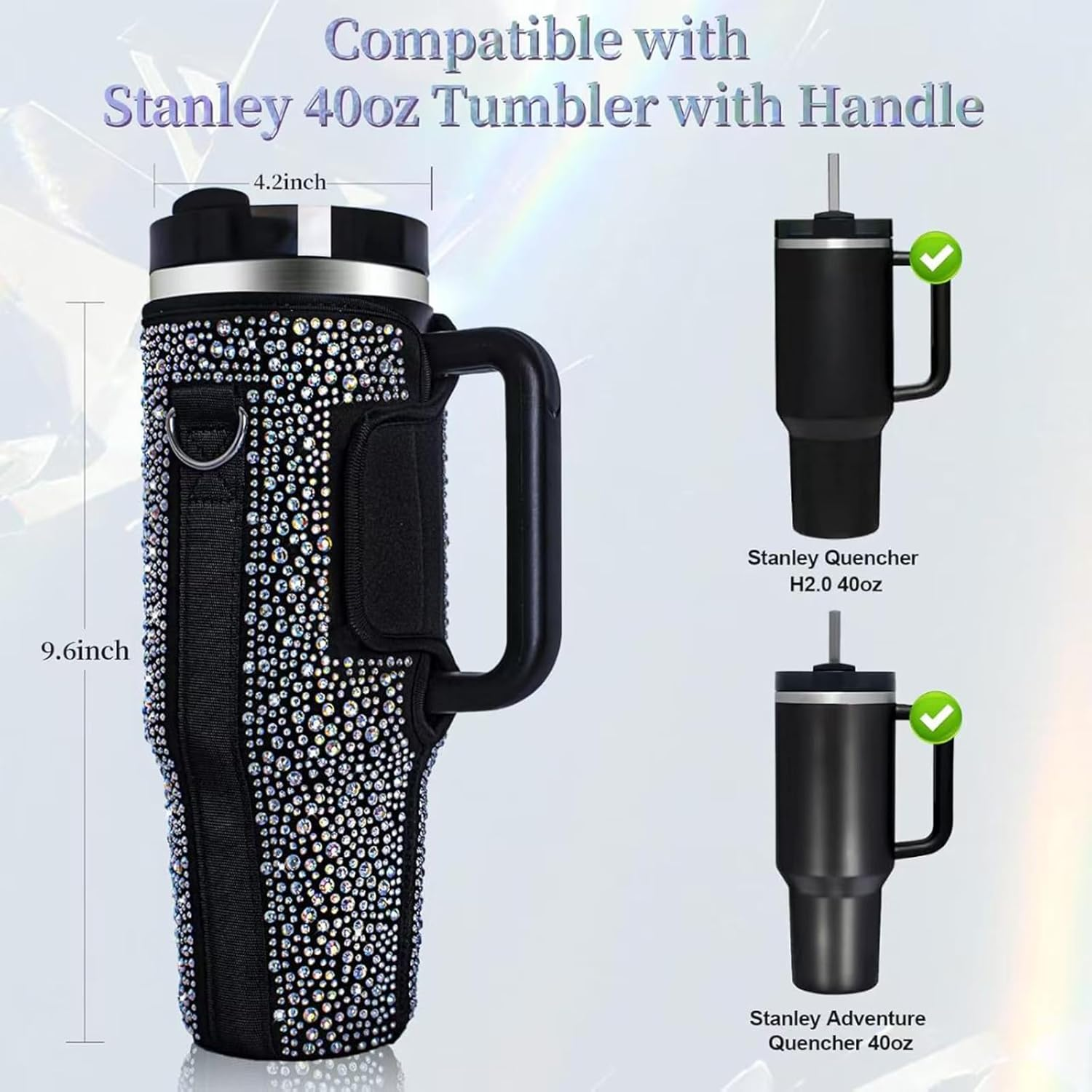 Bling Water Bottle Carrier Bag for Stanley Quencher H2.0 & Adventure 40 Oz Tumbler with Handle, Neoprene Water Bottle Holder with Adjustable Strap for Stanley Cup Accessories (Black) - Black image number 4