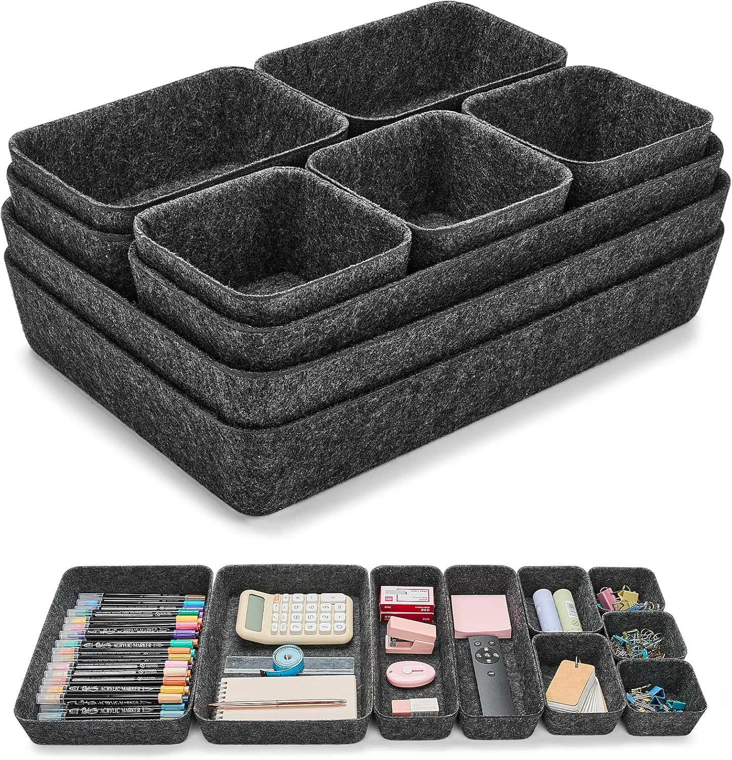 Eurhomewit Pack of 9 Felt Drawer Organiser, Drawer Insert, Office Drawer Organiser System, Dressing Table Organiser for Drawer, Office & Home Cupboard Storage Box Organiser, Dark Grey
