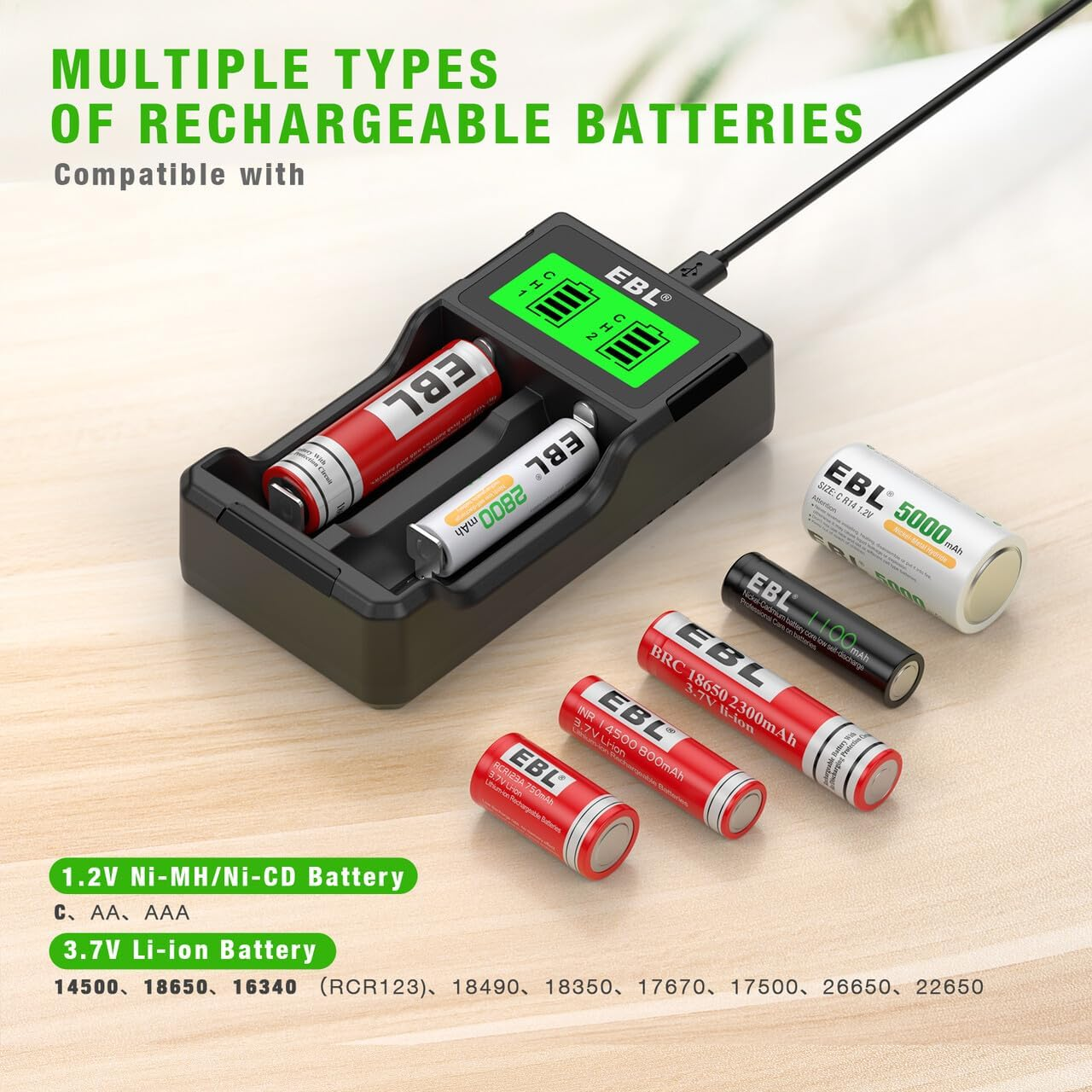 EBL Universal 18650 Battery Charger for 3.7V Lithium Ion Rechargeable Batteries 26650 22650 18650 18490 18350 17670 16340 (RCR123) 14500 and 1.2V Ni-Mh Ni-Cd Rechargeable C AA AAA Batteries image number 5